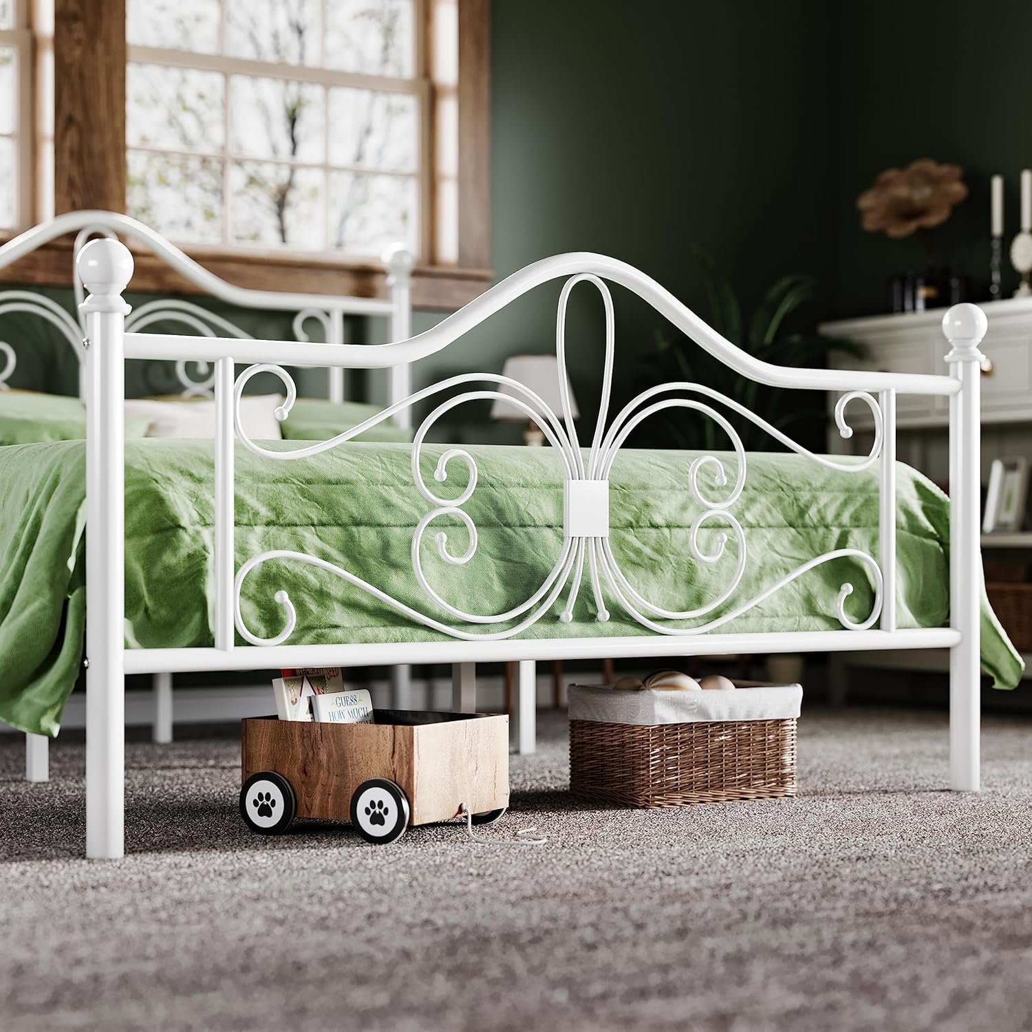 Allewie Full Size Bed Frame with Headboard,Metal Bed Frame with Butterfly Pattern Design Headboard & Footboard,No Box Spring Needed,Easy Assembly,White