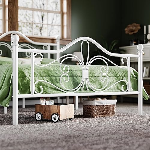 Miniatura 7 de Allewie Base de cama de tamaño individual para niños, marco de cama de metal con cabecero y estribo de diseño de mariposa, no necesita somier, fácil