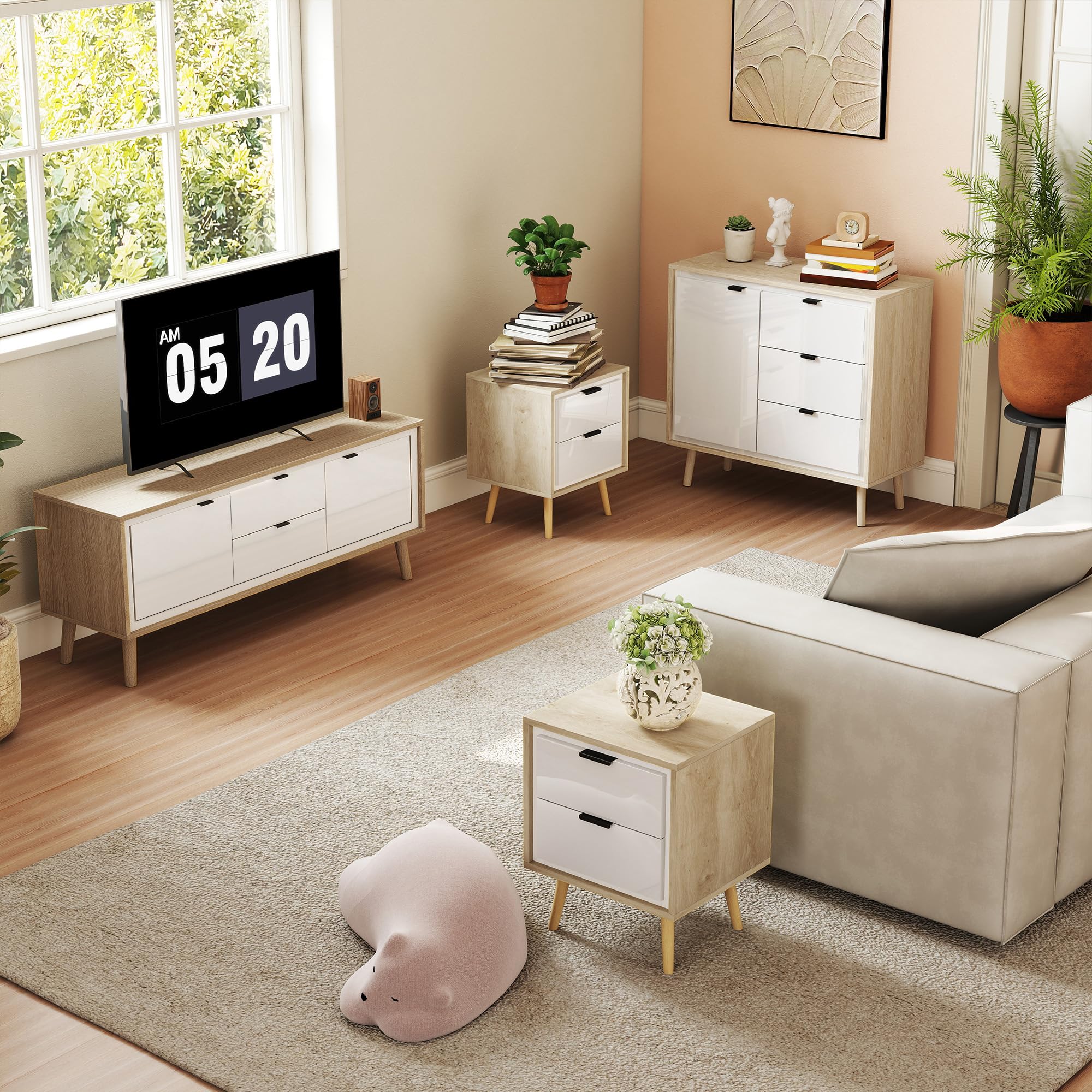 HOMCOM Aparador de 1 Puerta con 3 Cajones 80x35x77 cm Blanco Brillo y Roble | Aparador de Salón Moderno, Estante Ajustable, Patas de Madera, para Cocina, Entrada, Dormitorio