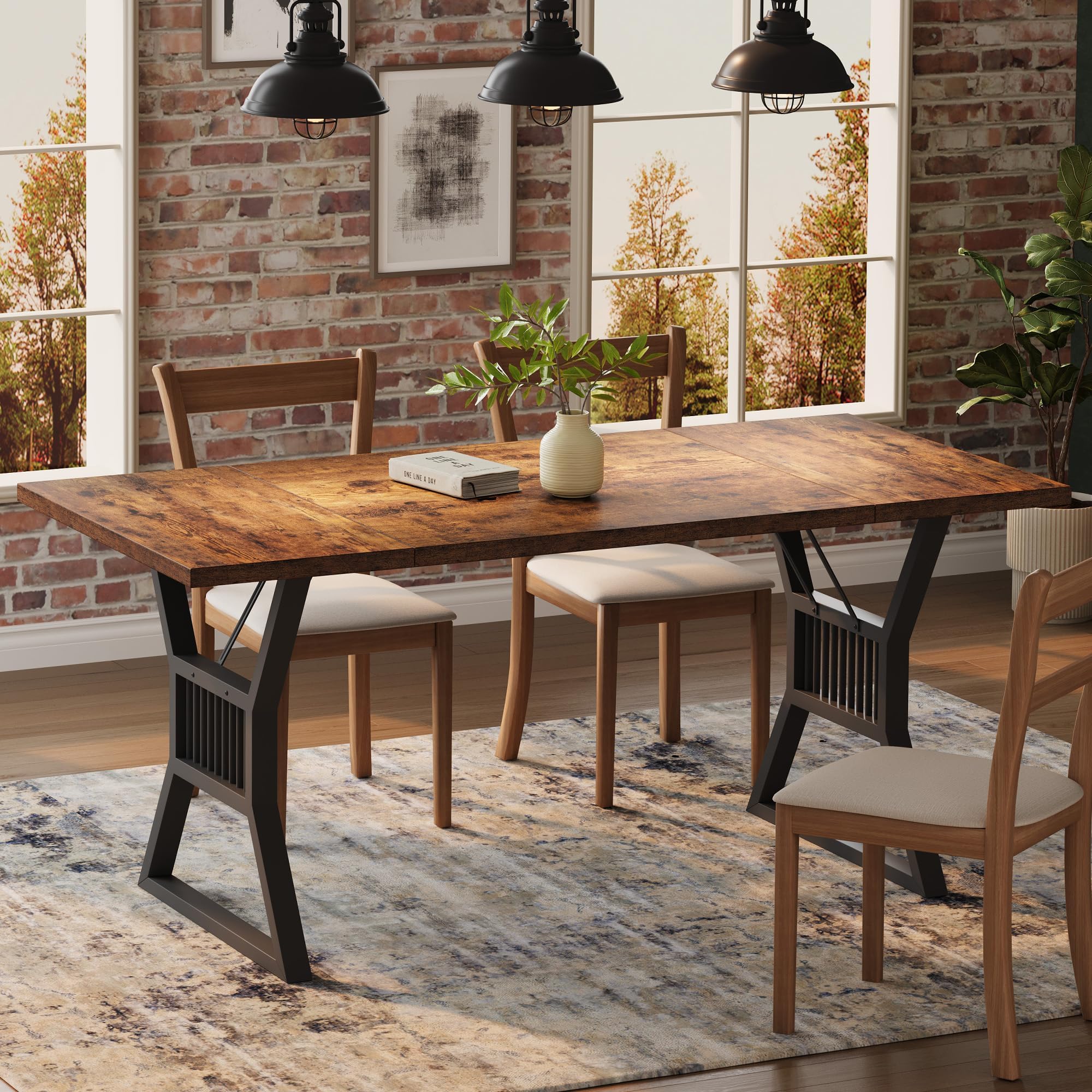 Esstisch Rechteckiger Küchentisch Für 6–8 Personen, Esszimmertisch Mit Stahl Metallgestell & Holz Tischplatte Für Esszimmer, Küche, Wohnzimmer, 180 x 75 x 75 cm