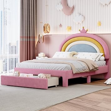 Modern Full Size Upholstered Rainbow Design Platform Bed with Storage Drawer,Velvet Princess Bed Frame with Wooden Slats Support for Kids Teen Bedroom Furniture Pink-01, Full