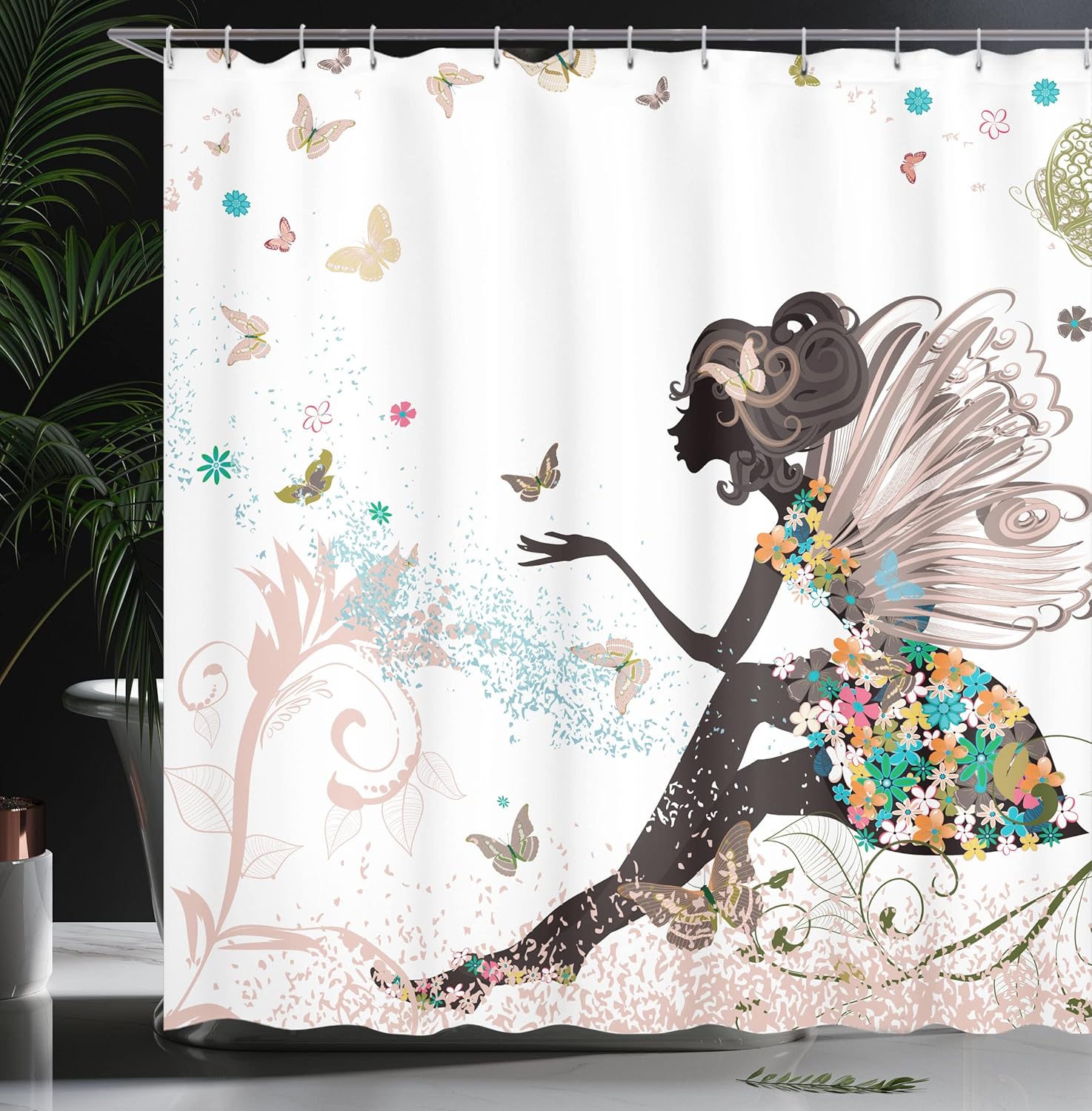 Ambesonne Fantasy Shower Curtain, Spring Girl Wings in a Floral Dress Surreal Garden Butterflies Print, Cloth Fabric Bathroom Decor Set with Hooks, 69" W x 75" L, Warm Taupe