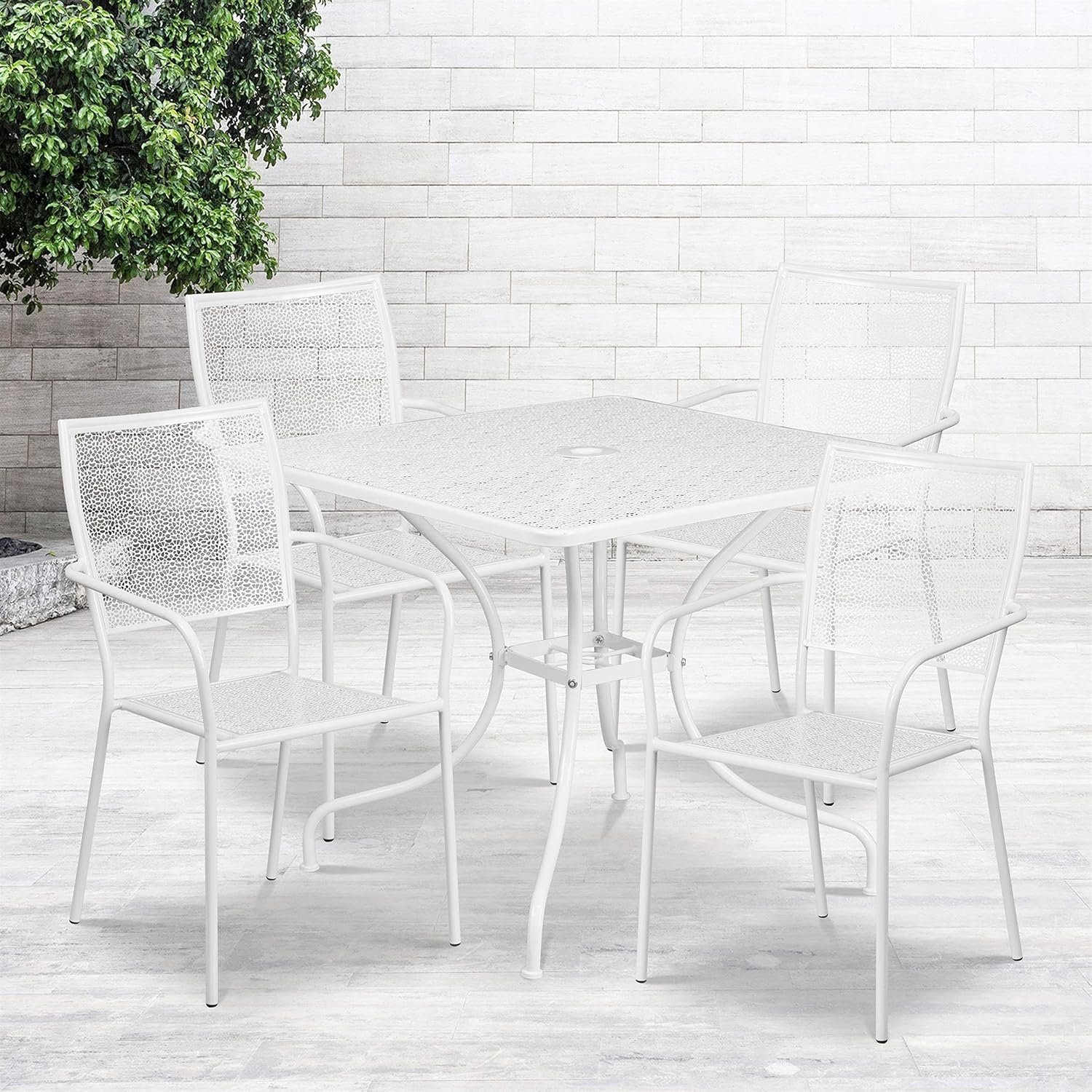 BOWERY HILL 5 Piece Steel Patio Dining Set, 36" Square Table with Flower Print Top and White Powder Coat Finish, Includes 4 Stackable Chairs, Indoor/Outdoor Use, Durable for Commercial or Home Patio