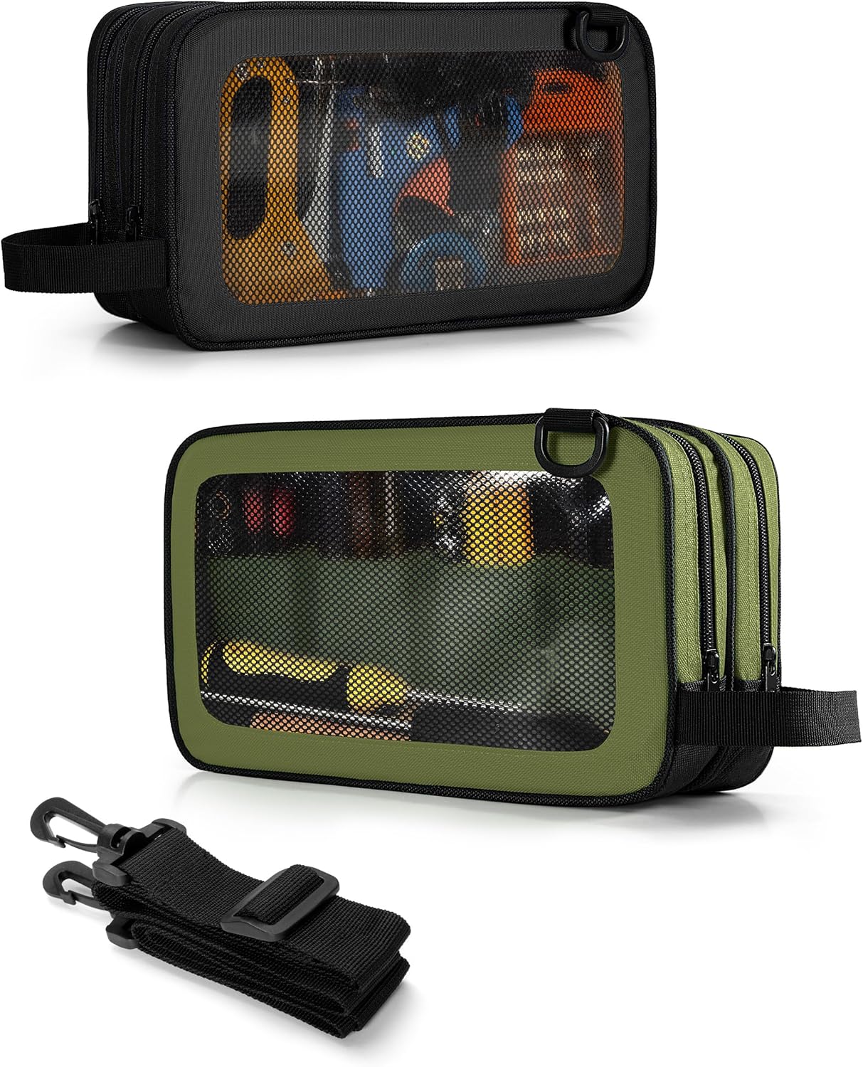 2 Pack Tool Pouch with Dual Compartments, 12” Tool Bag with Detachable Shoulder Strap, Carry Handle and Translucent Window, Black/Green