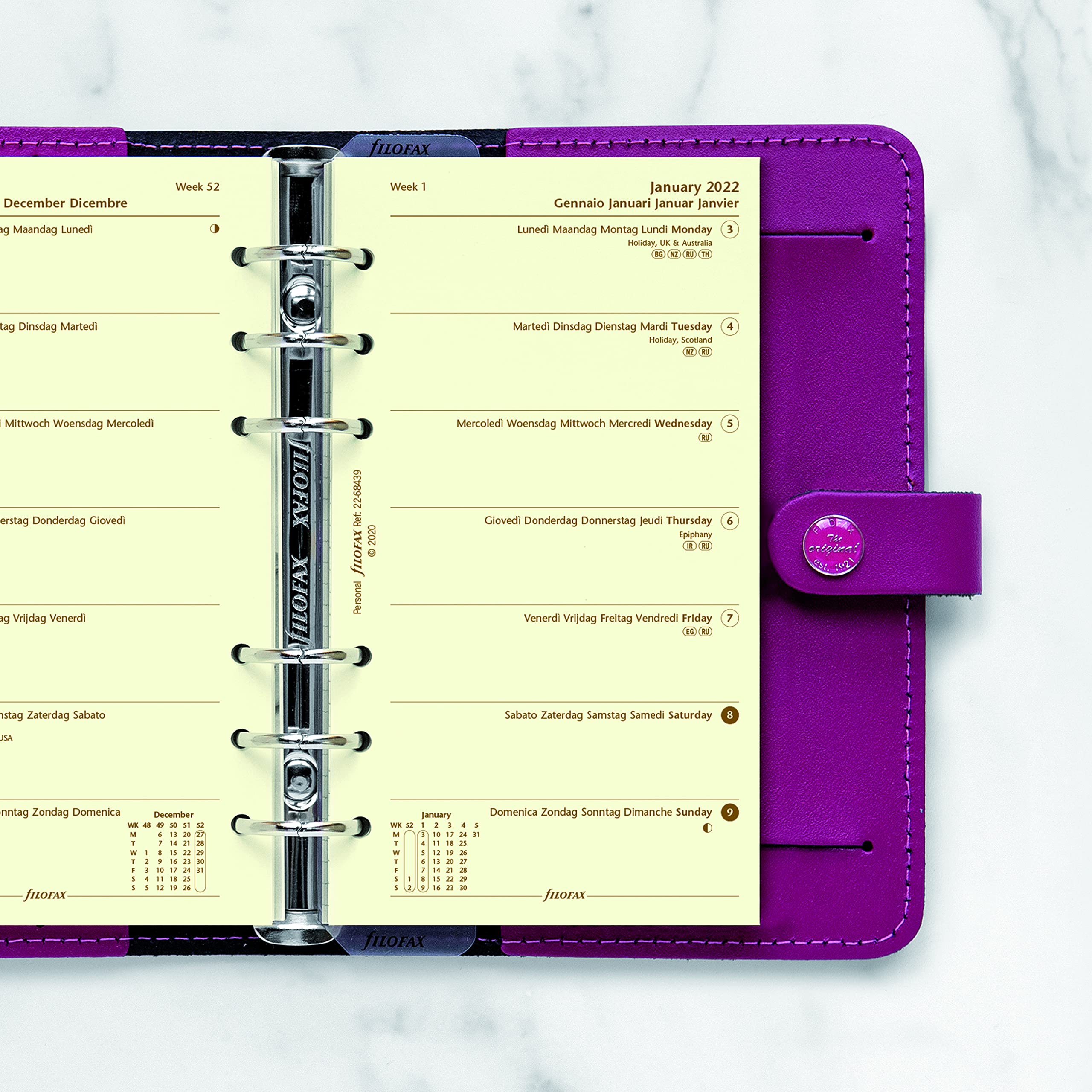Filofax - Ricarica, formato personale/compatto, settimanale su una pagina, carta di cotone, senza righe, multilingue: cinque lingue, 2022 (C68439-22)