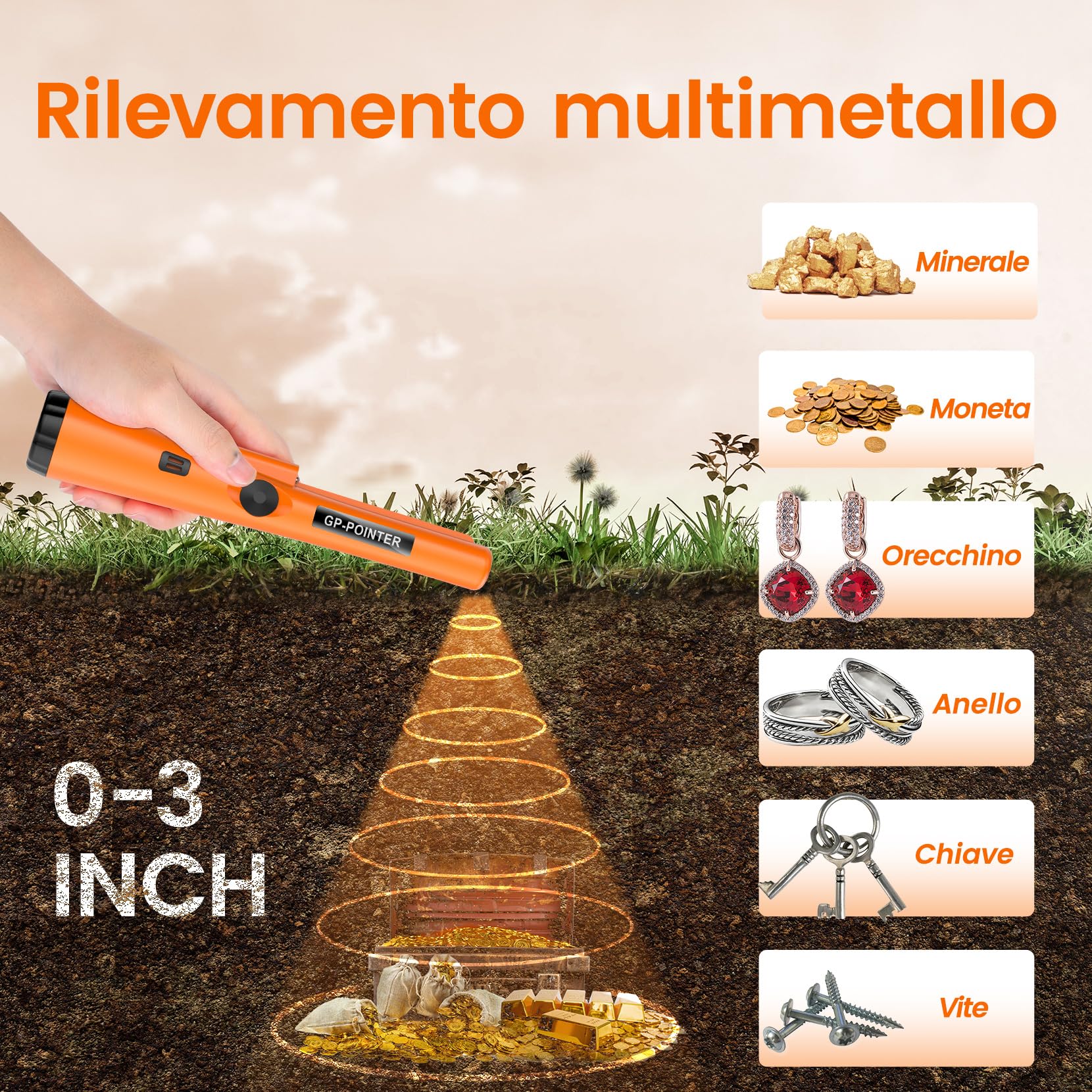 Pinpointer - Rilevatore di metallo impermeabile IP68, rilevamento completo a 360°, con vibrazione audio, accessorio professionale per la ricerca del tesoro, con batteria da 9 V, fondina, nastro di