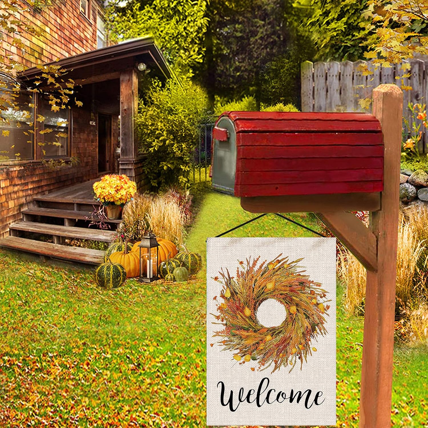 Hexagram Wheat Wreath Fall Garden Flags 12 x 18 Double Sided,Burlap Fall Wheat with Lantern Flower Welcome Yard Flag,Farmhouse Outdoor Garden Decor,Small Garden Flag 12x18 Prime