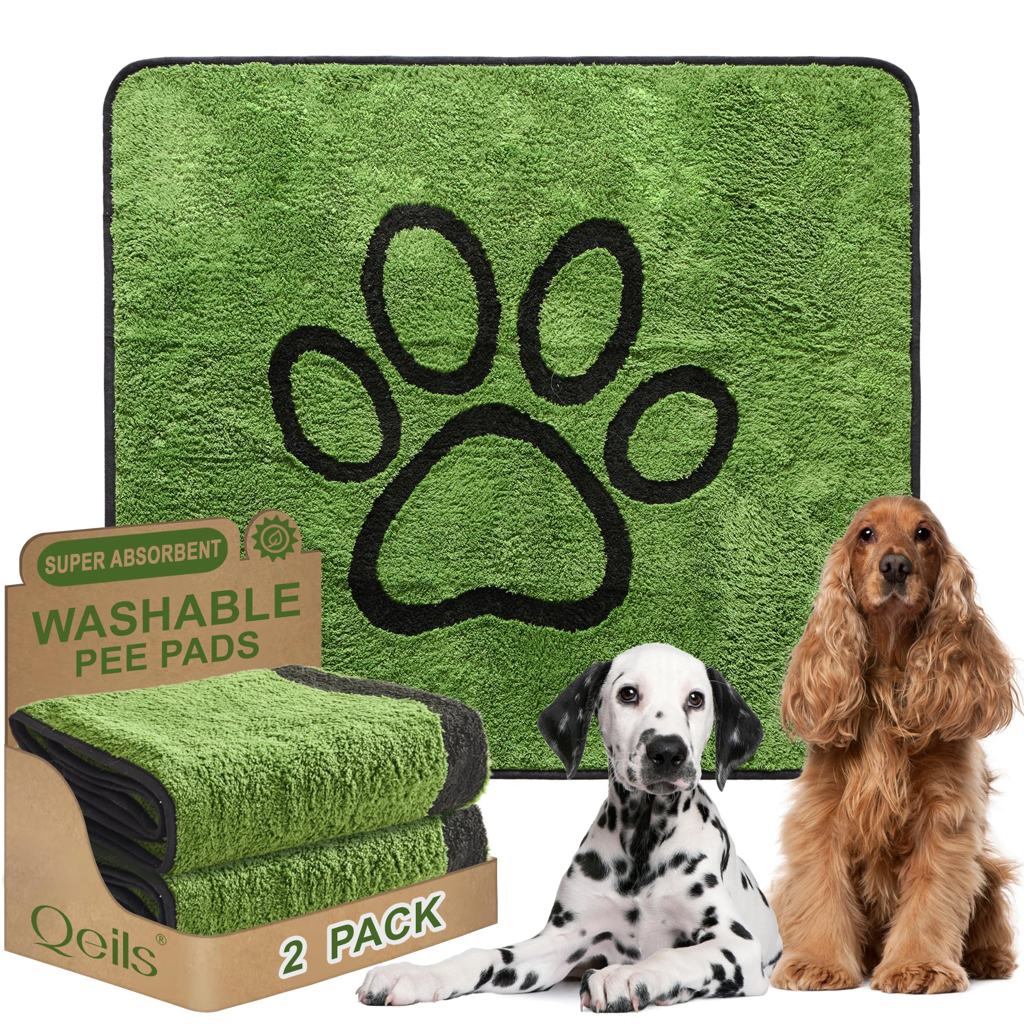 Qeils Reusable Dog Pee Pads, 2 Pack Super Absorbent & Leakproof Washable Puppy Pads with Soft Green Top Layer, for Potty Training, Crates, Couch, Car