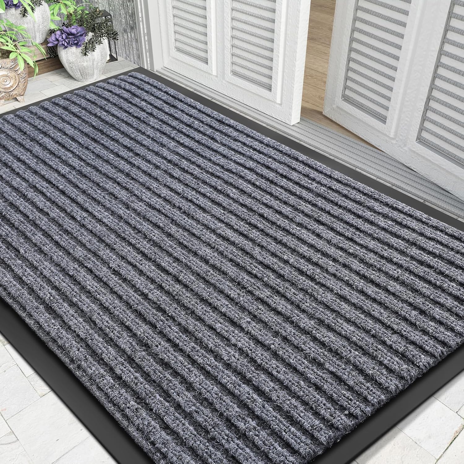 Yimobra Front Door Mat Outdoor Indoor Entrance, 100% Waterproof All-Season All Weather Doormat, Welcome Matt Outside Entry, Non Slip, Low Profile, Heavy Duty Patio Porch Floor Mats,47 x 32,Gray White Gray White Three Stripes Rectangular 47x32 Inch