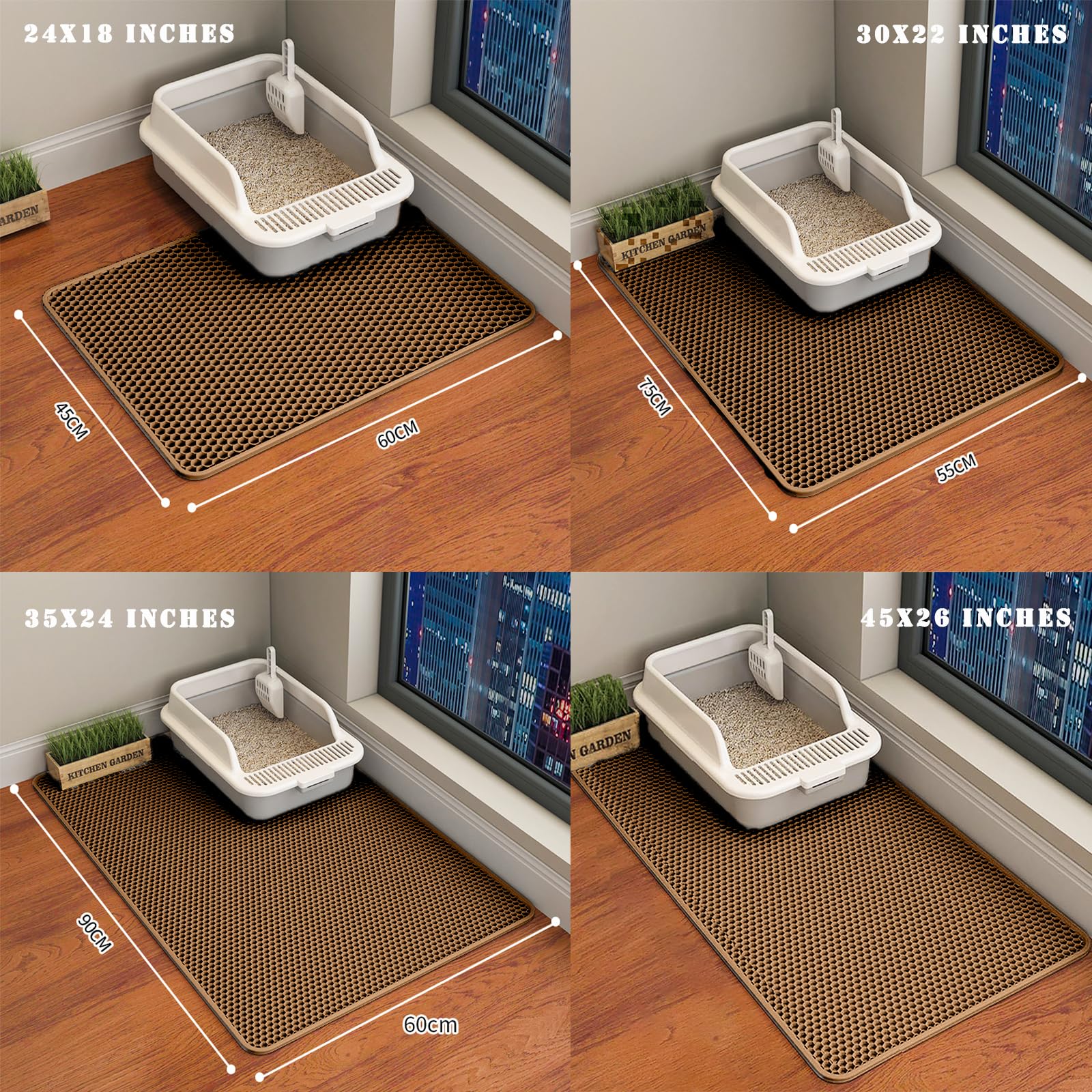 HCY&WLD Katzenstreu-Matte, Wabenmuster, doppellagig, wasserdicht, urinfest, rutschfest, Streukontrolle, weniger Abfall, leichter zu reinigen, Braun, 114,3 x 66 cm