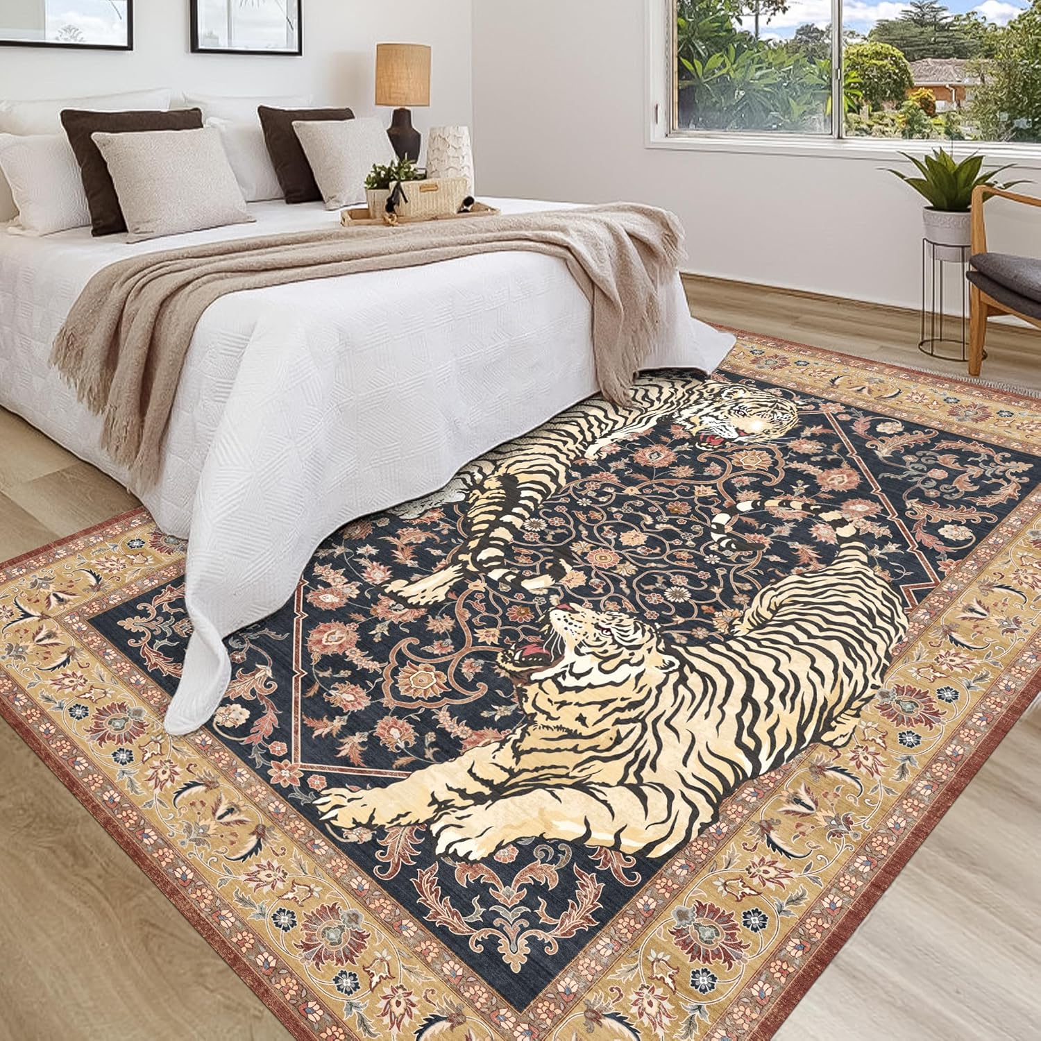 Tiger Print Rug for Living Room: 5x7 Boho Washable Area Rugs Tropical Jungle Animal Carpet Vintage Decor for Home Bedroom