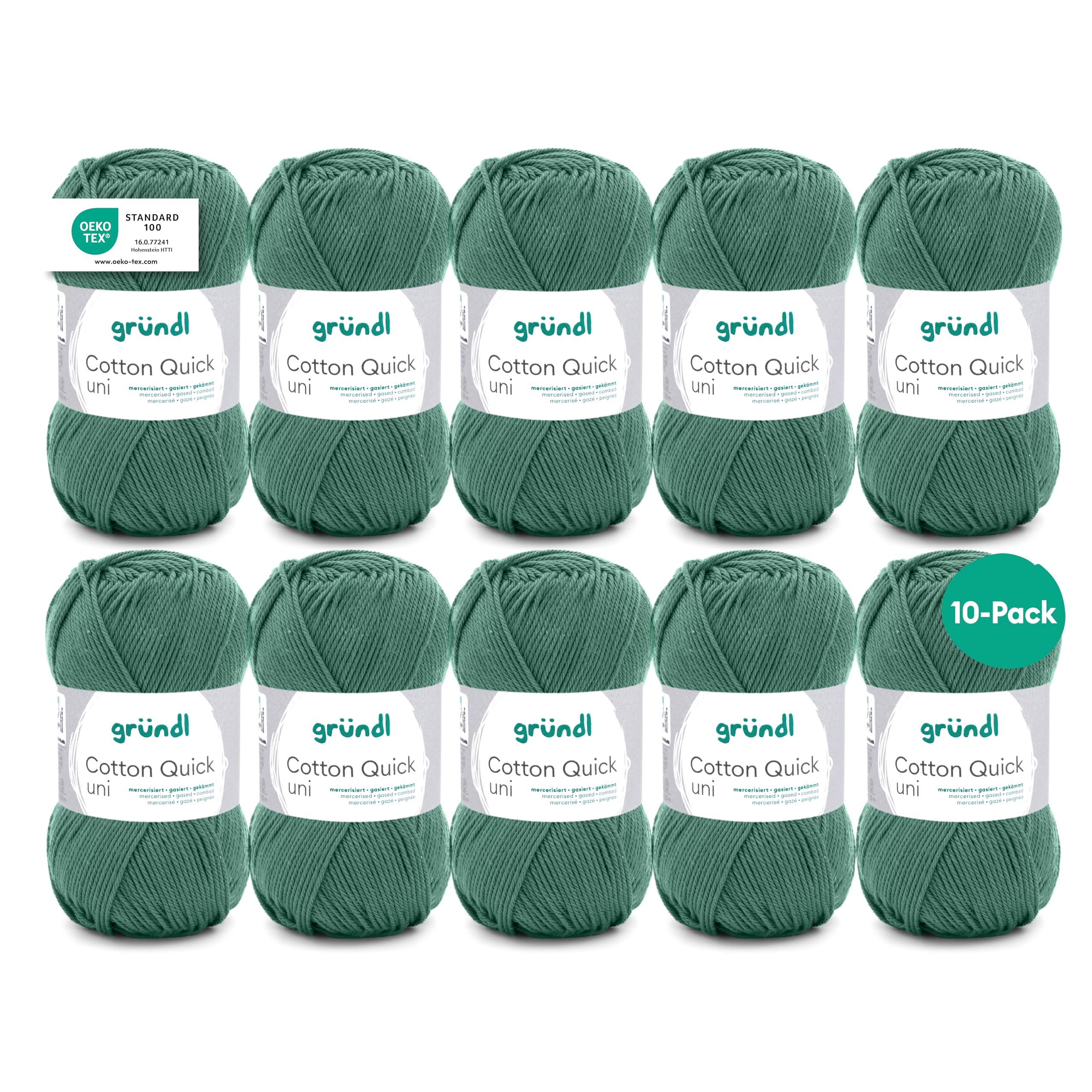 Gründl Wolle Cotton Quick uni - dünne Wolle zum Häkeln - Strickgarn - Häkelgarn - Glänzend und hautfreundlich - 100% Baumwolle - 10 Knäuel / 125 m - Nadelstärke 3-4 - grüngrau