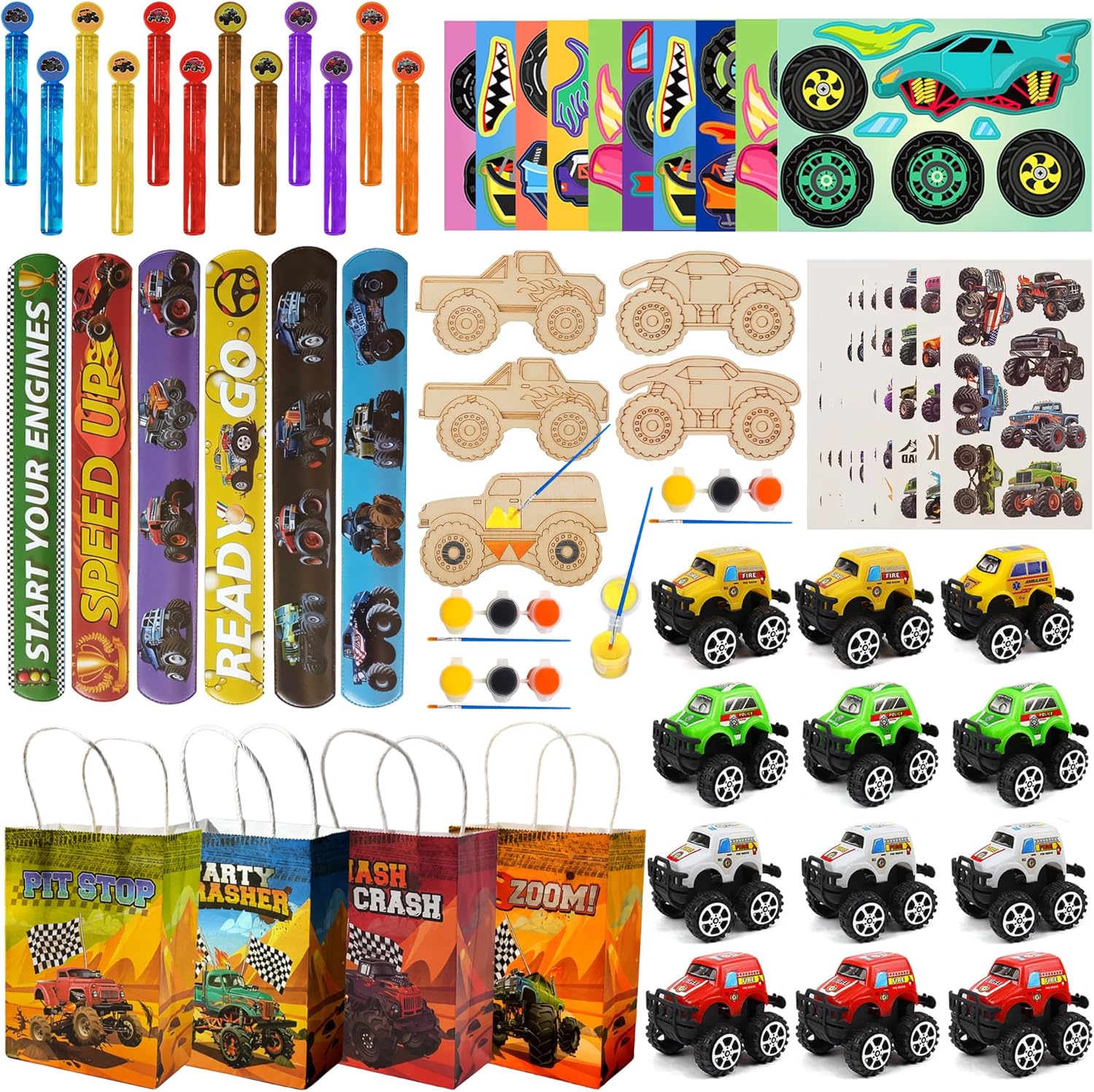 96pcs Truck Party Favors, Car Themed Birthday Party Supplies Including Truck Toys Slap Bracelets Bubble Wands DIY Stickers Painting Kits, Birthday Decorations Classroom Rewards for Kids