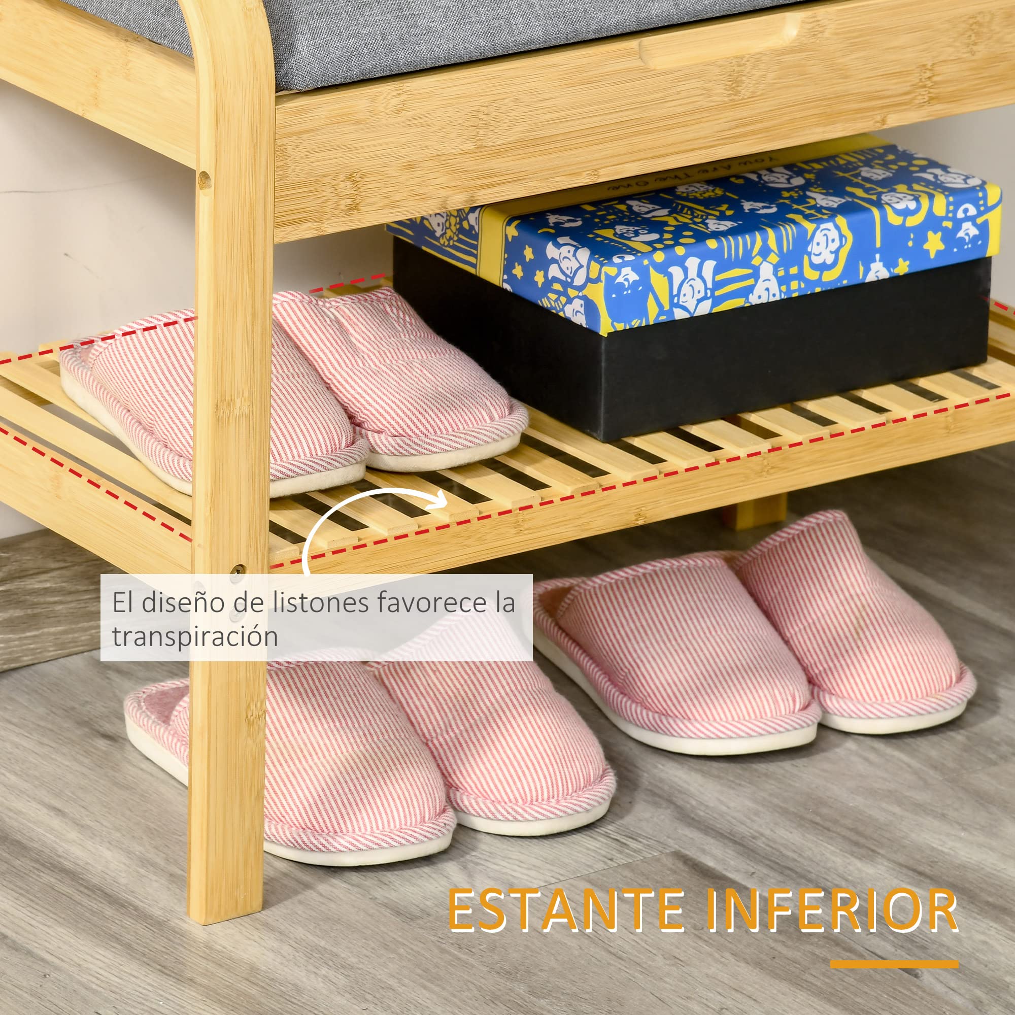HOMCOM Banco De Almacenamiento Con Cojín: Baúl Para Zapatos Y Entrada (100x40x60 Cm, Bambú Natural) – Organiza Y Siéntate