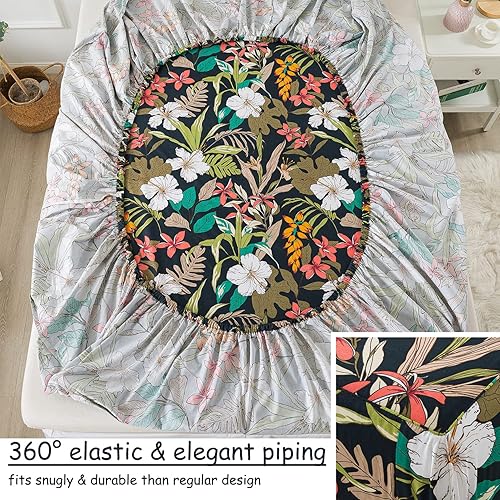 Miniatura 4 de FADFAY Juego de sábanas de tamaño matrimonial con estampado floral negro y rojo, sábanas suaves de algodón de 600 hilos con estampado de hojas,