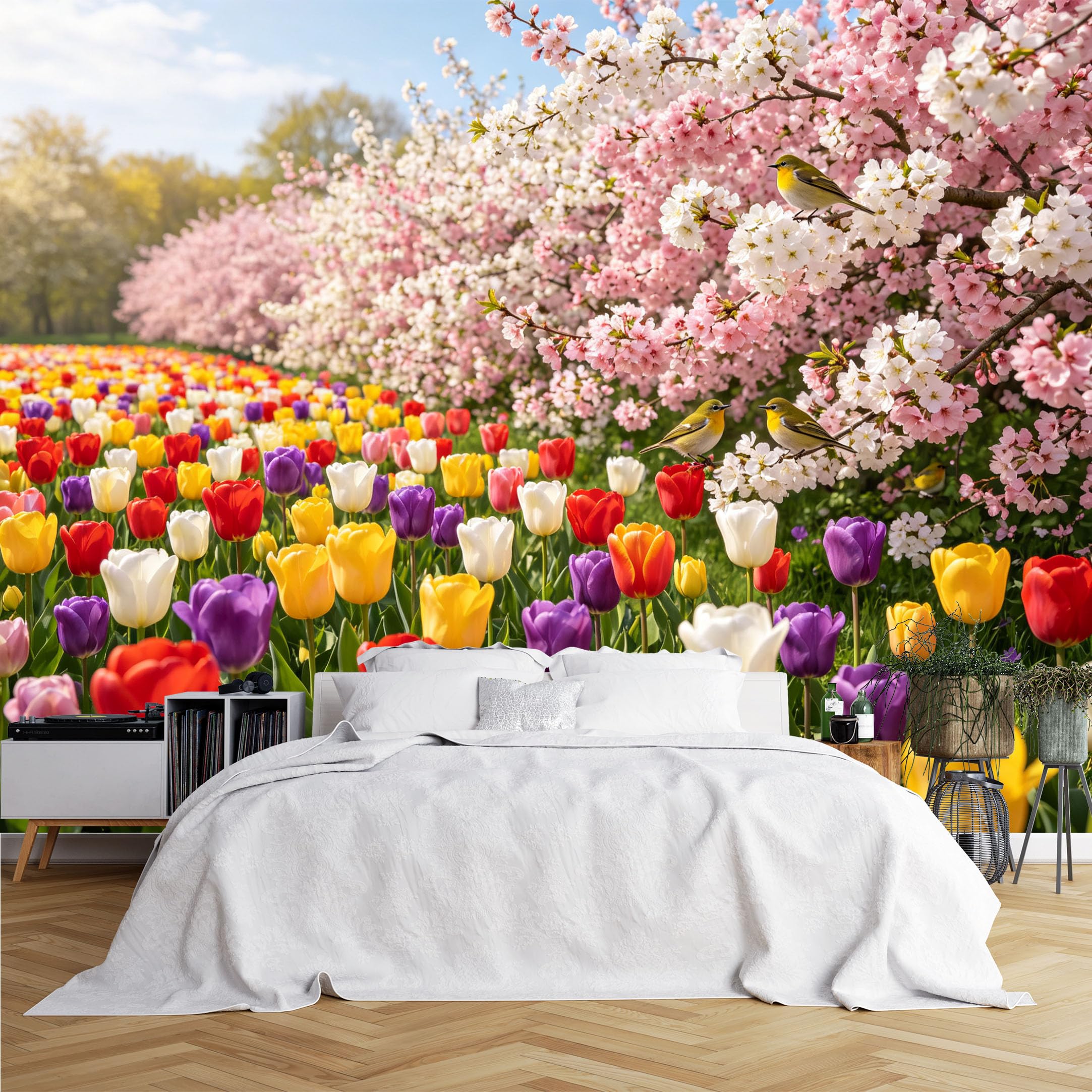 Lcythiazole Ch260615063 Custom Size Wall Murals Color Tulip Cherry Blossom Bird Flower Field Wall Murals Hd Wallpaper Self-Adhesive Removable Wallpaper For Living Room Balcony