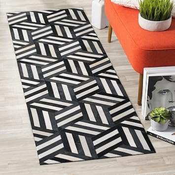 SAFAVIEH Studio Leather Collection Runner Rug - 23" x 7, Ivory & Black, Handmade Mid-Century Modern, Ideal for High Traffic Areas in Living Room, Bedroom STL219A