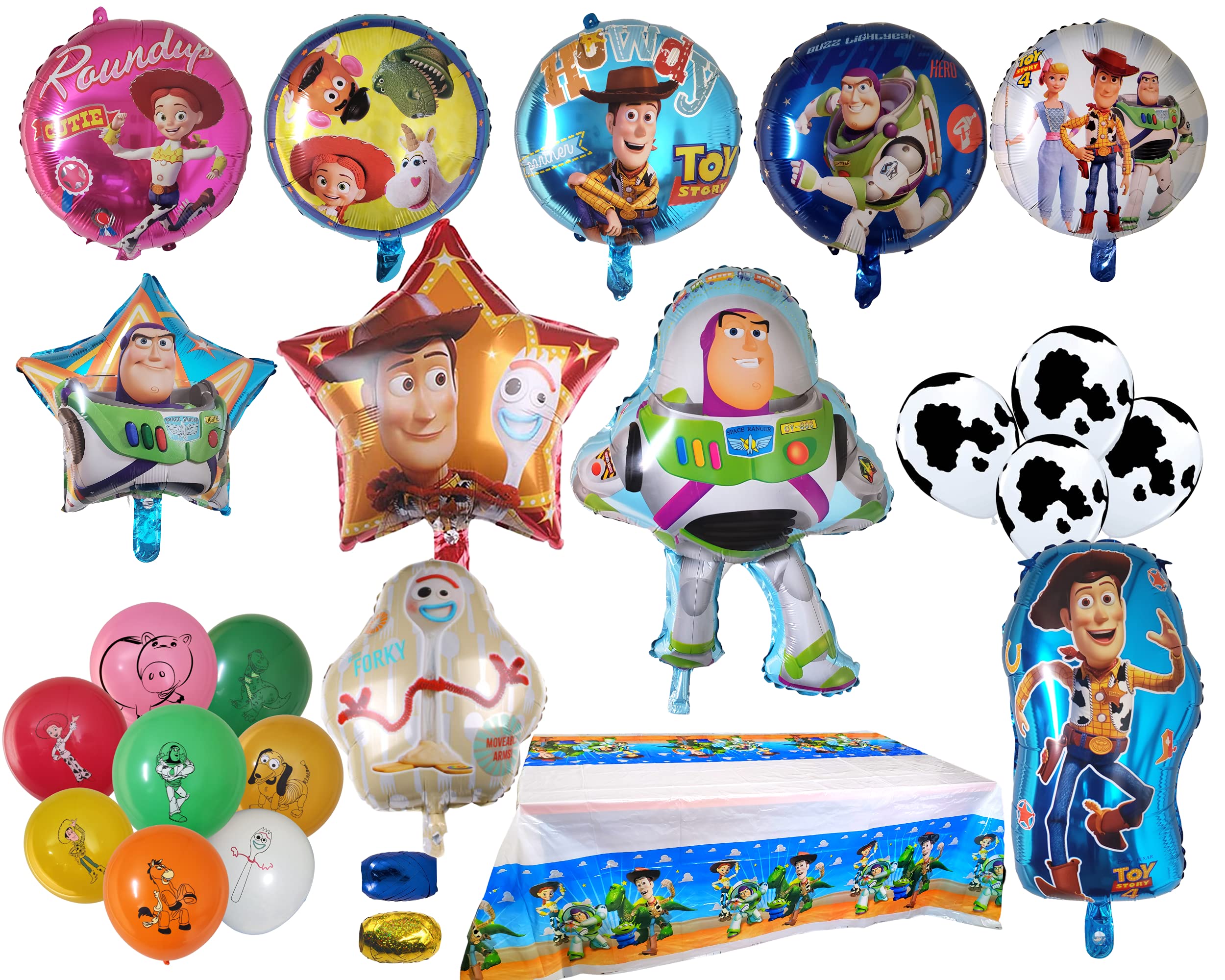 Toy Story balloons birthday. Mylar balloons of Woody, Buzz Lightyear, Jessie and friends. Baby Shower Party Decorations. Toy Story table cover. Cow printed latex balloons.
