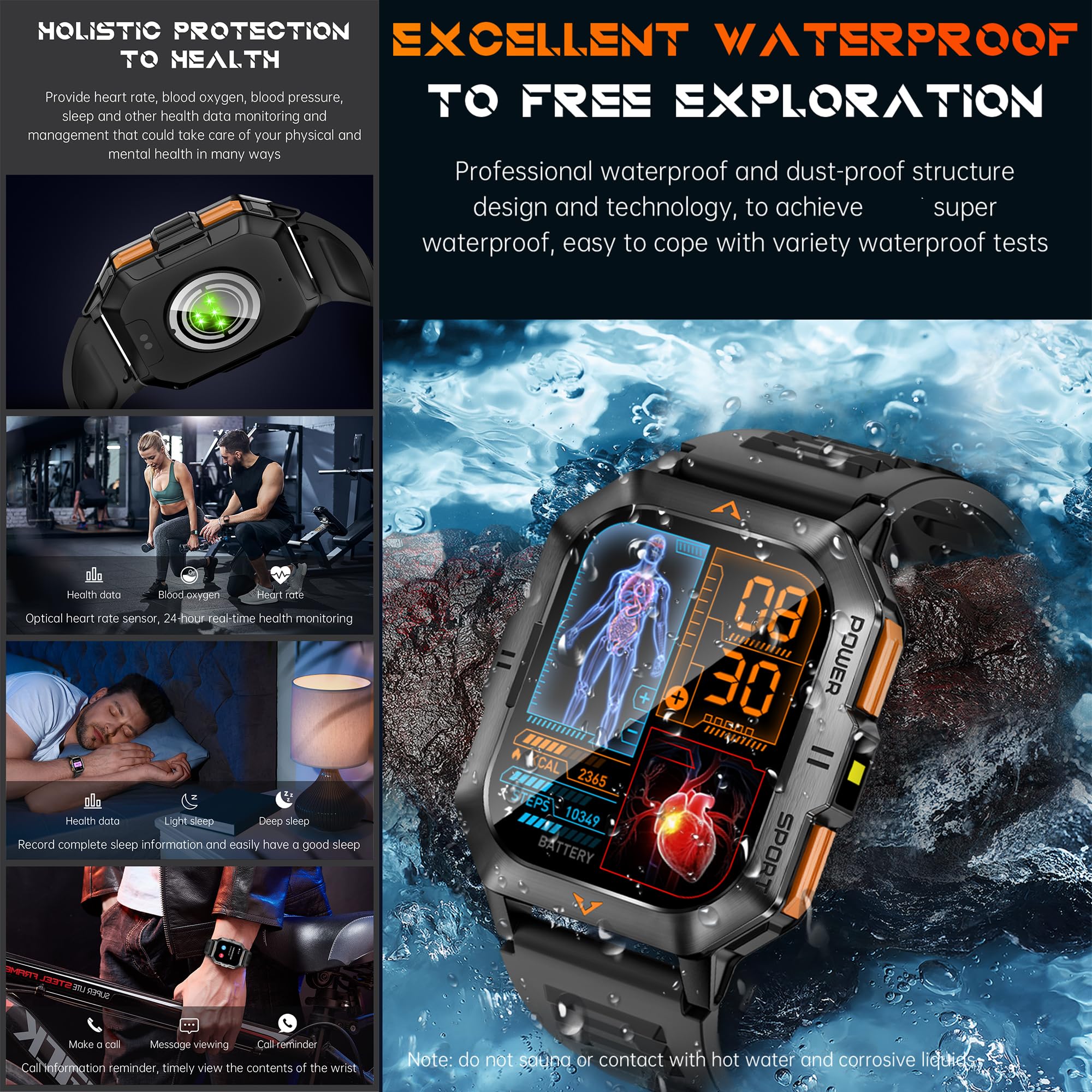 2,01" AMOLED Smartwatch Herren mit Telefonfunktion, 430mAh Batterie, Sportuhr mit Bluetooth Anrufe Fitnessuhr mit Schlafmonitor Schrittzähler, 5ATM Wasserdicht Smart Watch für iOS Android (Schwarz)