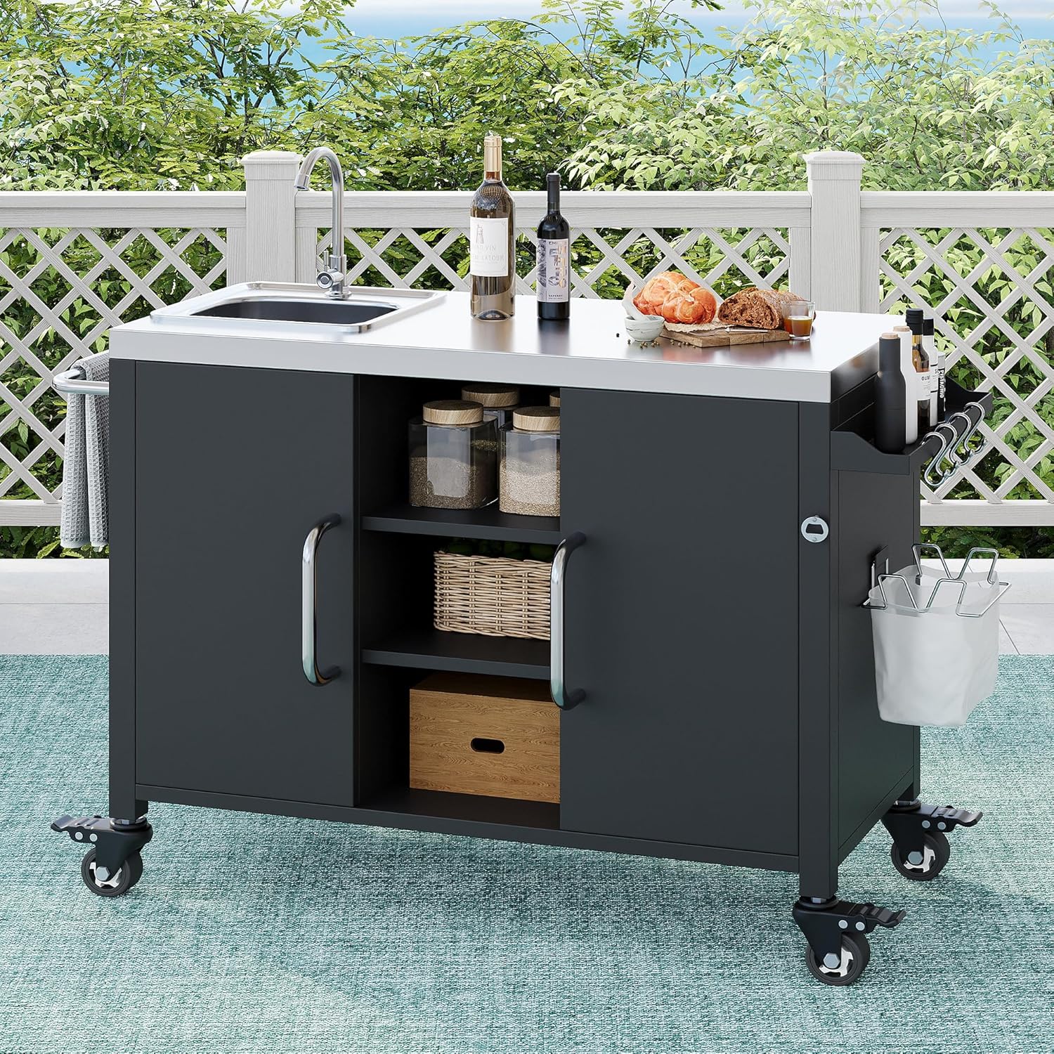 Amposei Outdoor Grill Table Bar Cart with Stainless Steel Sink, Metal Rolling Kitchen Island on Lockable Wheels, Food Prep Station with Storage Cabinet for Patio, Garden, Porch, Balcony, Black
