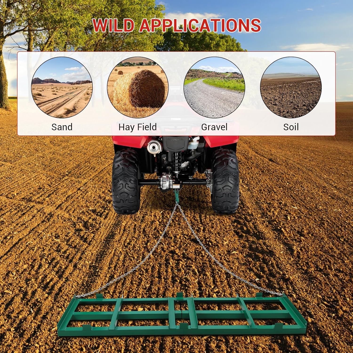 Driveway Drag 72" Width, Landscape Grader and Rake, Heavy-Duty Driveway Leveling Tool for ATV, Utv, Tractor, Mower, Tow-Behind Yard Leveler with Sturdy Chain