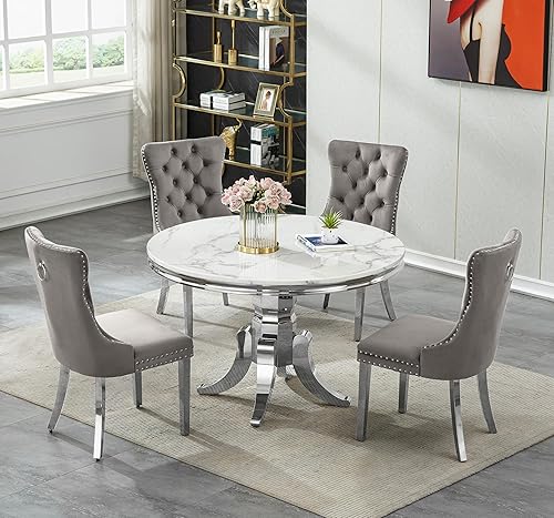 Miniatura 15 de Juego de mesa de comedor redonda de mármol blanco para 6, mesa de comedor redonda de lujo de mármol de 45 pulgadas con 6 sillas de terciopelo azul,