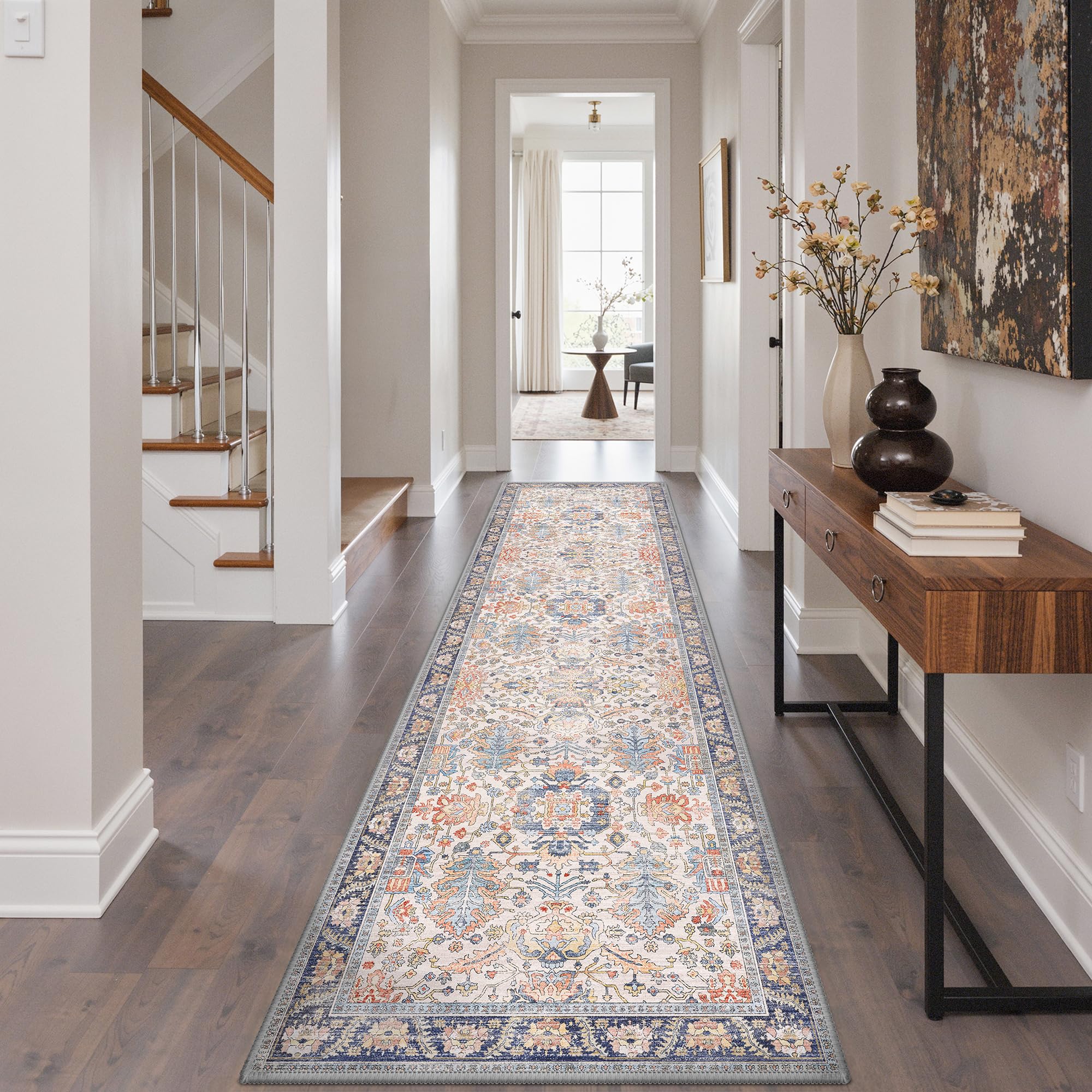 BEIMO Hallway Rugs for 80x200cm, Non-Slip Extra Long Washable Rug Soft Low Pile, Nursery Rug Boho Design Carpet Runners for Entryway Kitchen Laundry Room, Retro Floral Motifs Geometric, Terracotta — image 1