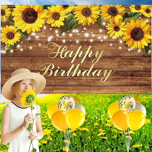 Miniatura 7 de Suministros de decoración de fiesta de cumpleaños de girasol kit de guirnalda de globos de girasol incluye pancarta de telón de fondo manteles de