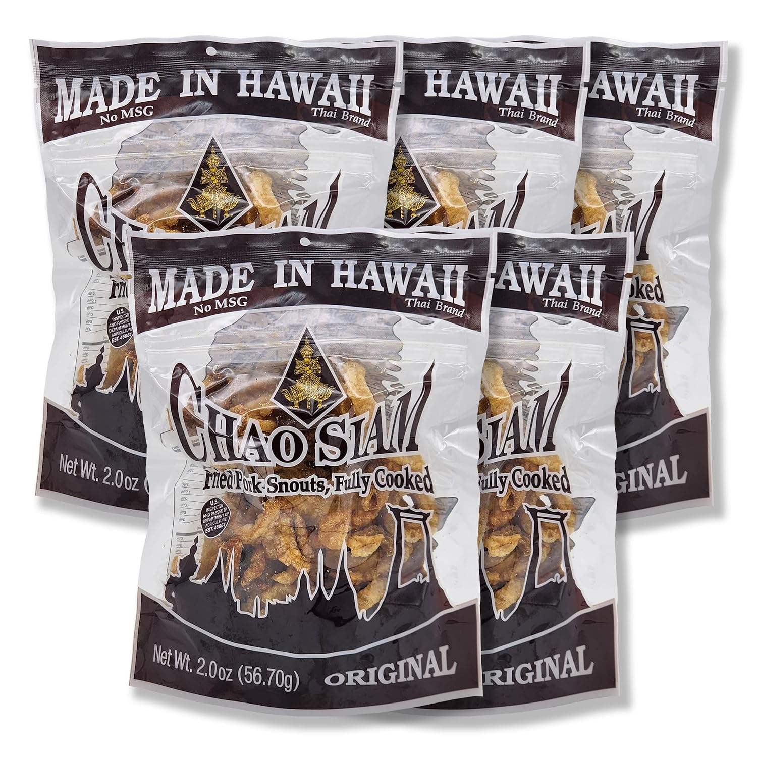 Chao Siam Premium Fried Pork Snouts - Original Flavor 2oz/56.70g (Pack of 5), NO MSG (USDA Approved), Keto Friendly, Made in Hawaii (Snouts5x2oz-Original) : Ship in 7-10 Business days
