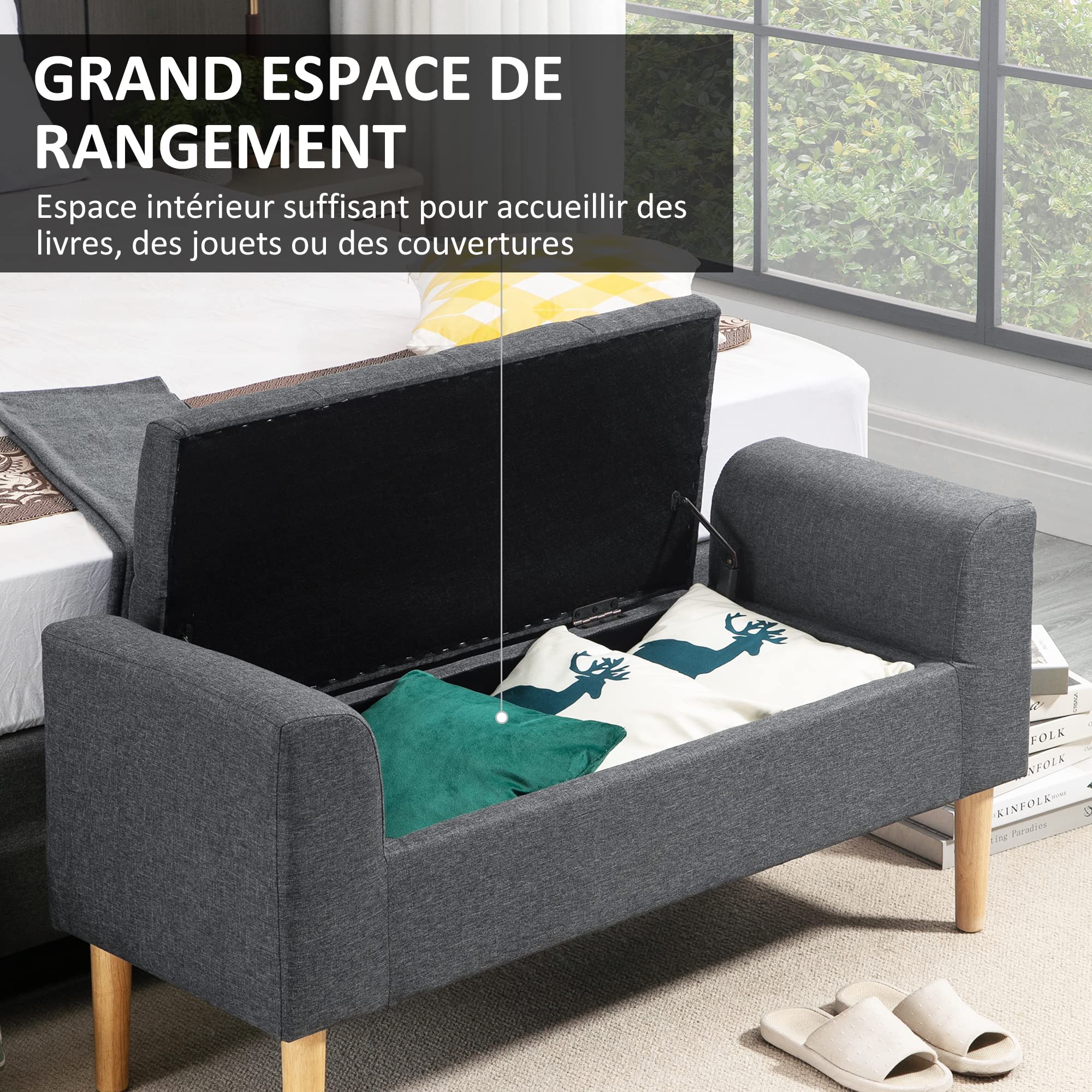 HOMCOM Banc Coffre Rangement Capitonné 130 Kg 116x44x58 cm Gris Foncé