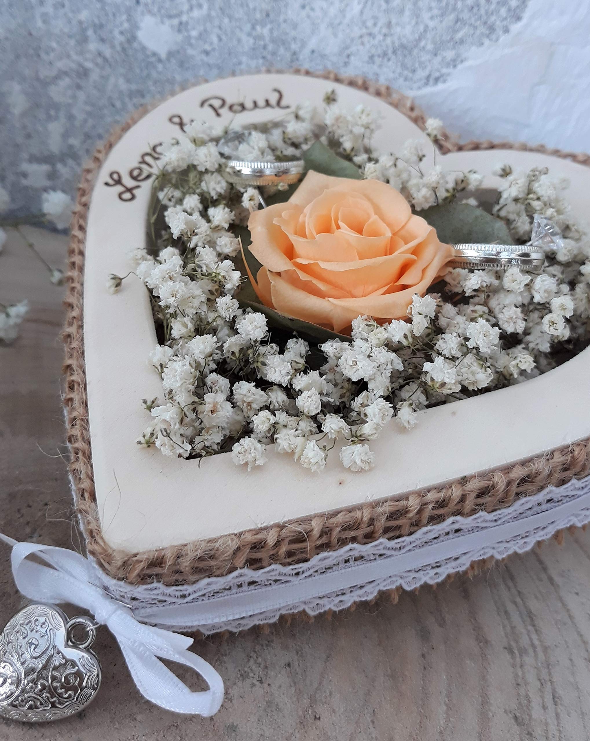 Hochzeit Ringkissen Ringhalter Herz Rose Loveliness apricot für Eheringe mit Namen