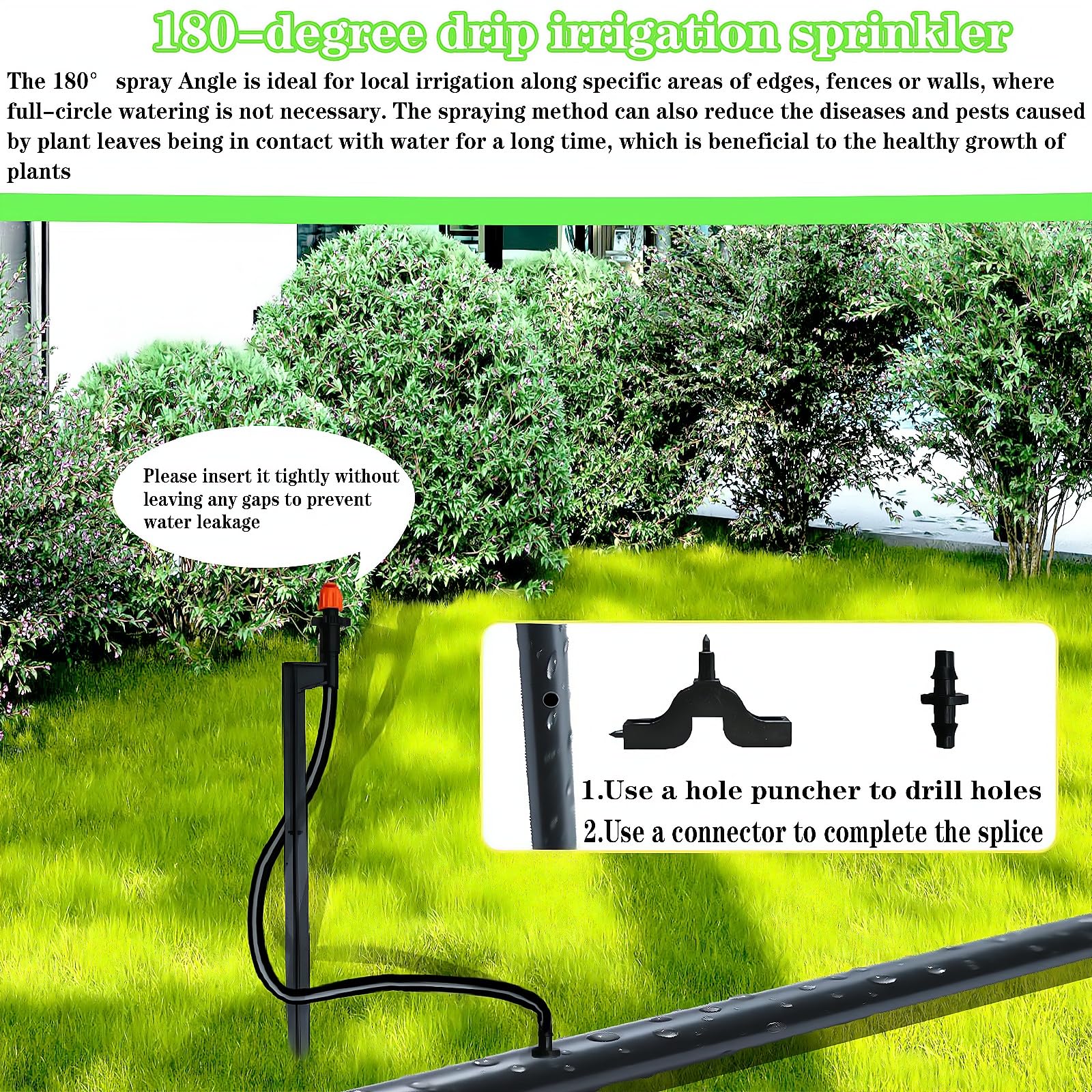 Testine per irrigazione a 180 gradi con pali da 30,5 cm, emettitori spray per irrigazione a goccia da 1/4 con tubo per sistema di irrigazione da giardino (nero e arancione, 20 pezzi)