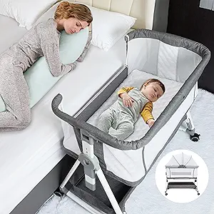 Baby Bassinet Bedside Sleeper, 3 in 1 Rocking Bassinet for Baby, Co Sleeper Bassinet with Wheels, Adjustable Height, Storage Basket, Mattress & Canopy, Bed Side Bassinet for Newborn (Gray)