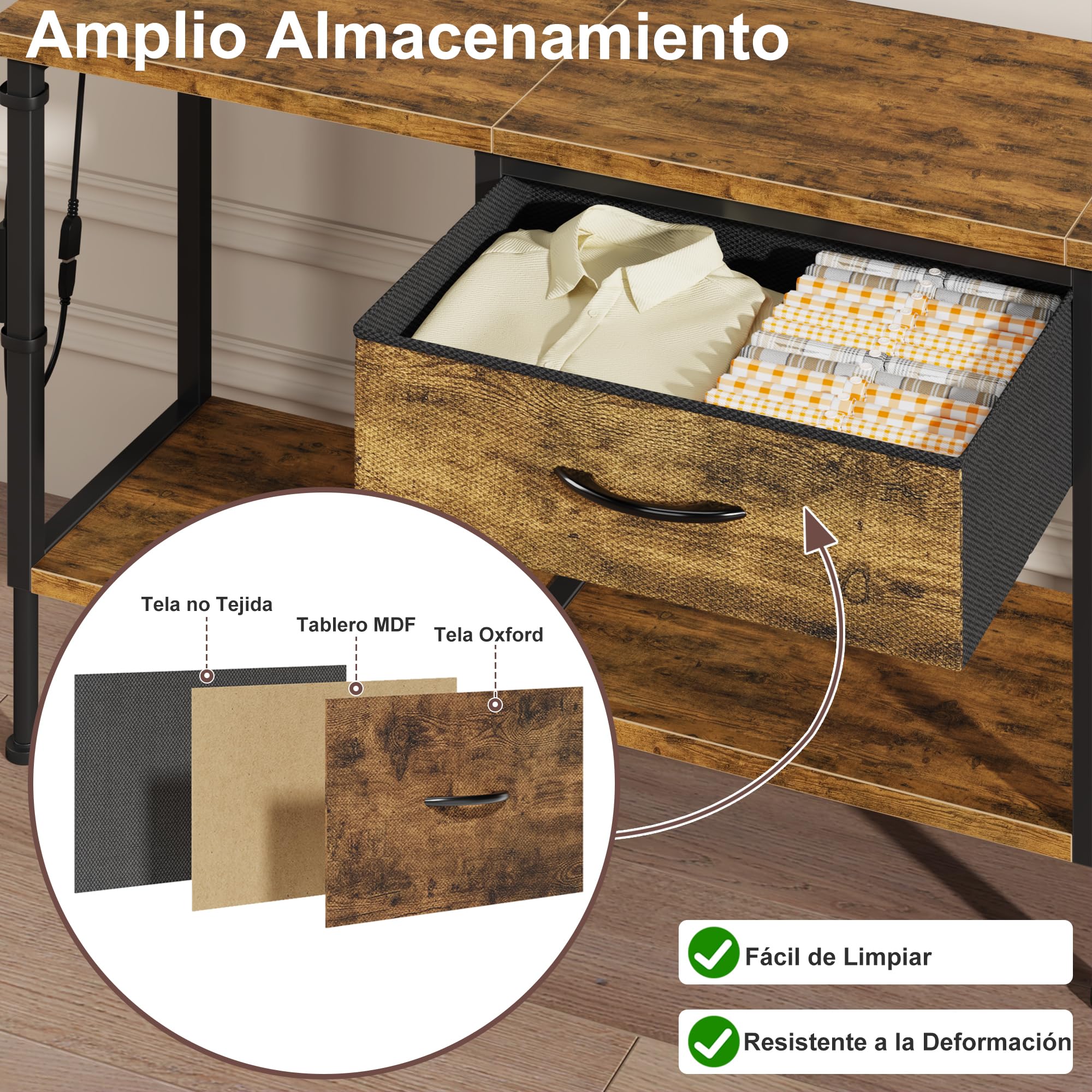 Mueble de TV con Enchufe, Mesa Television con Iluminación LED, Cajón de Tela y Estantes, Mueble Bajo Salon de 140 cm para TV de hasta 65″, para Sala de Estar y Dormitorio, Marrón Rústico