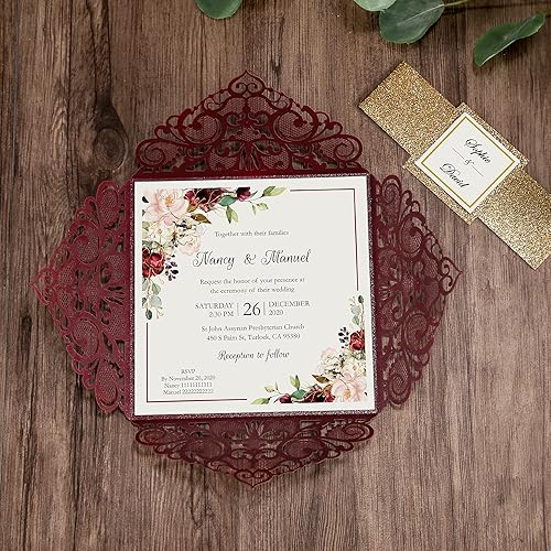 Miniatura 6 de Tarjetas de invitaciones de boda cuadradas de 6.3 x 6.3 pulgadas, corte calado mediante láser, diseño floral, con banda dorada y sobres blancos para