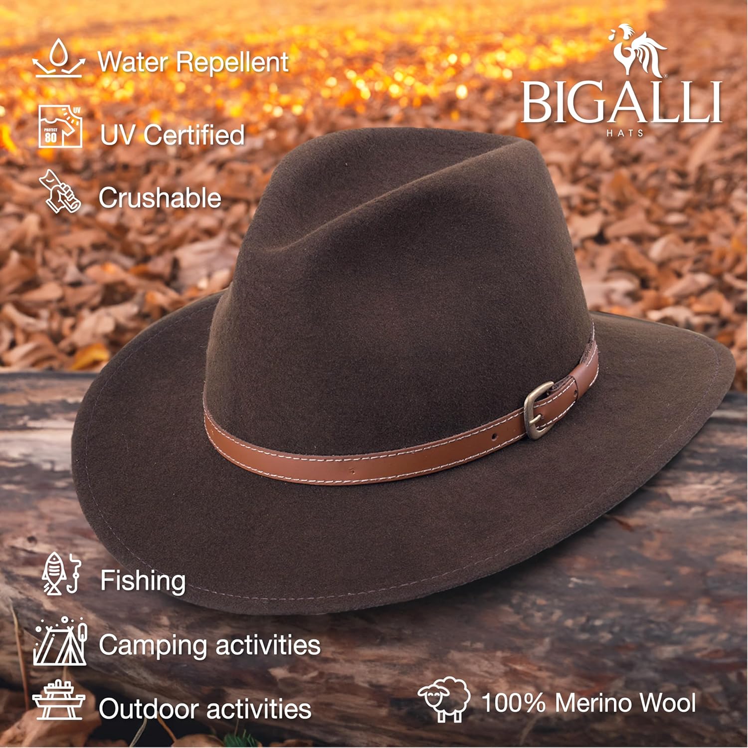 Adventure Wool Felt Cowboy Fedora Hat for Men Women Crushable Center Dent Genuine Leather | Outback - Image 2