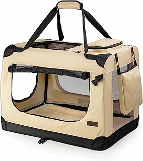 lionto Foldable Dog Transport Box for Travel and Car, 90 x 61 x 65 cm, Sturdy Transport Box, Carry Handles and Blanket for Cats, Dogs up to 22 kg, Robust Fabric Dog Box, Beige product image