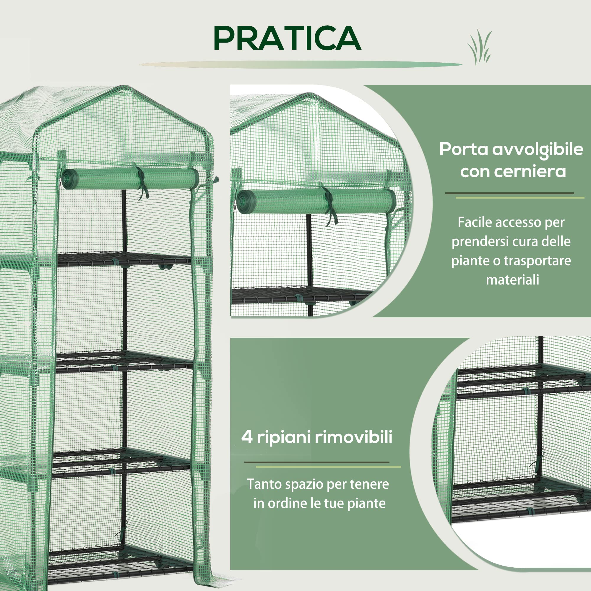 Outsunny Serra per Piante Verticale con Scaffale a 4 Ripiani, Serra da Balcone e Terrazzo in Acciaio e PE Verde Scuro, 70x50x160cm
