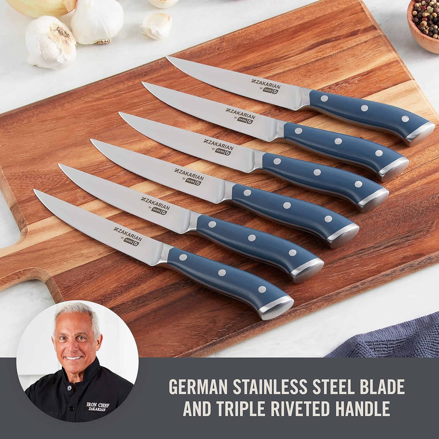DASH Zakarian 6-Piece Steak Knife Set, Non-Serrated Full Tang German Steel Blade, Blue