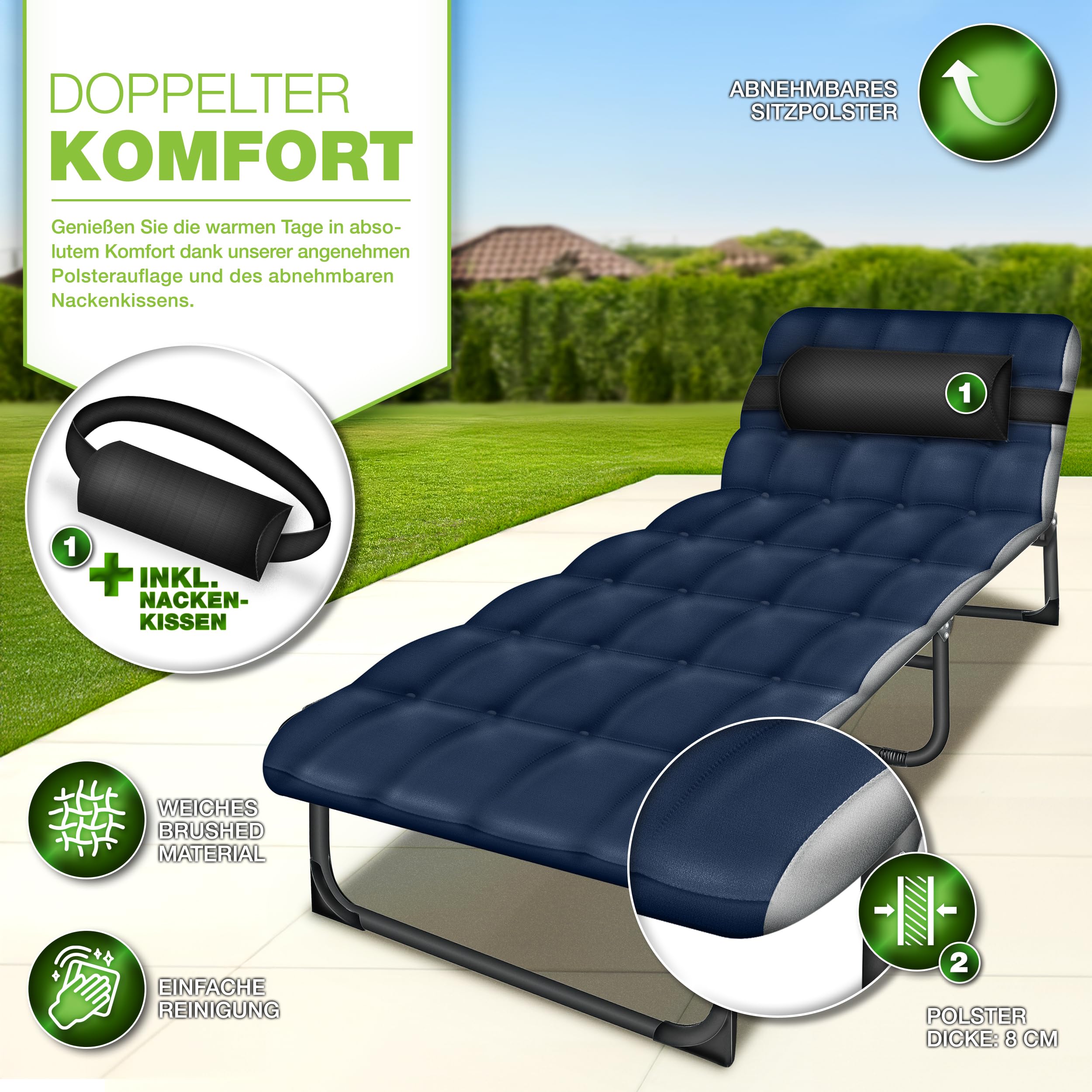 tillvex® Lit de camping pliable avec sac de transport et coussin de nuque - Charge maximale : 280 kg - Chaise longue de camping avec rembourrage - Pour l'extérieur et l'intérieur - Lit d'invité