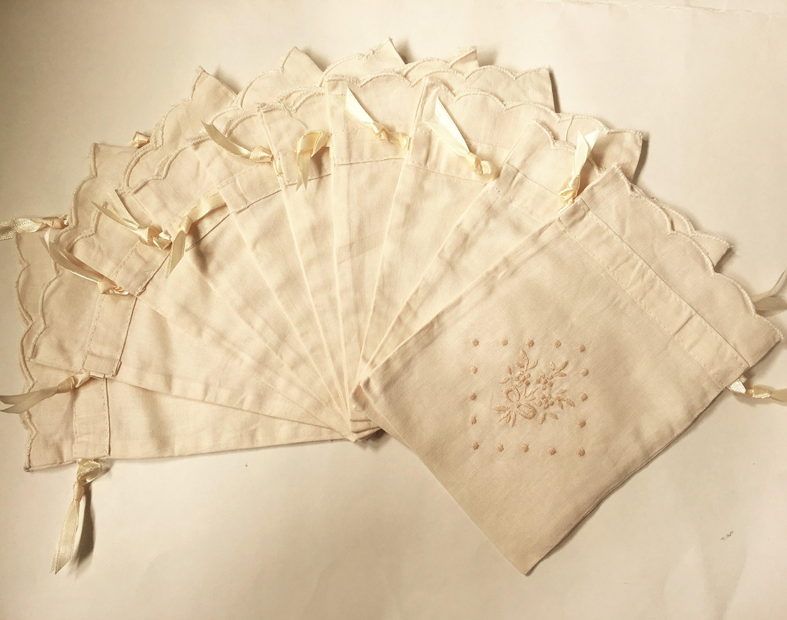 Set of 10 Embroidery Floral & Bow Linen Wedding Bridal Party Favor Gift Bags, Drawstrings/beige,5"x7", #01x10