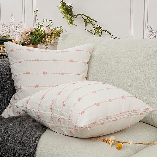 Miniatura 2 de YOUR SMILE Juego de 2 fundas de almohada decorativas de lino, con textura, estilo bohemio, con puntadas, de hilo teñido, a rayas, para sofá, sala de