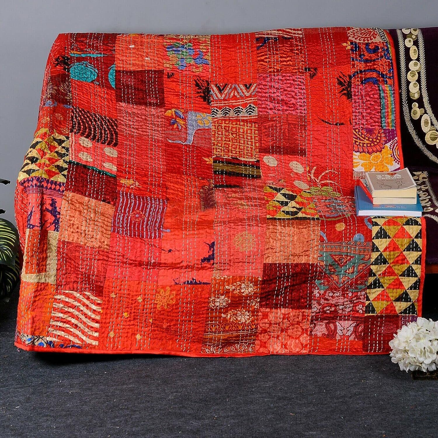 Handmade Vintage Silk Sari Patchwork Kantha Quilt Vintage Home Decorative Bedspread Quilting Hippie Quilts King Size Bedding Patch Throw Blanket (Pink, 90x108 Inches)