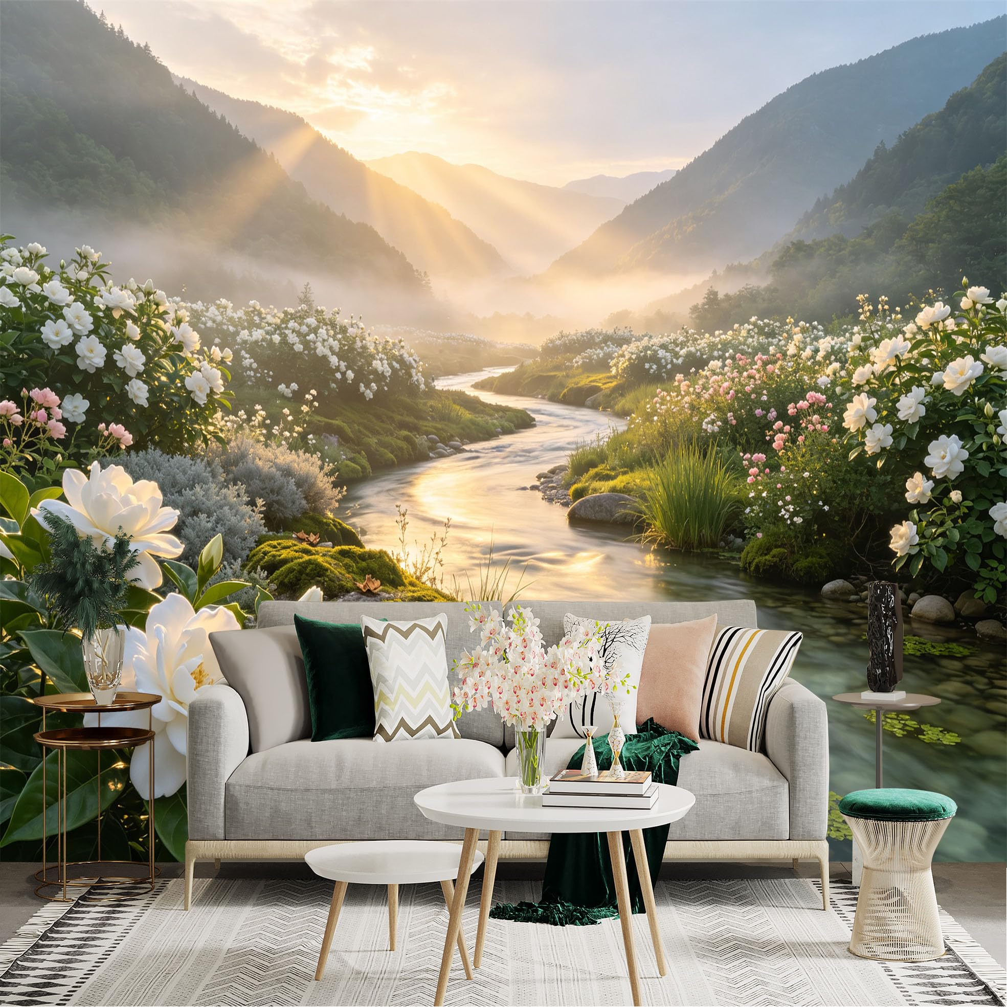 Lnzczhyre Bh260719207 Custom Size Wall Sticker Mural， White Floral Riverbed， Misty Morning Mountain Valley， Golden Sunrise Landscape， For Wall Decoration， Peelandstick Wall Decals.