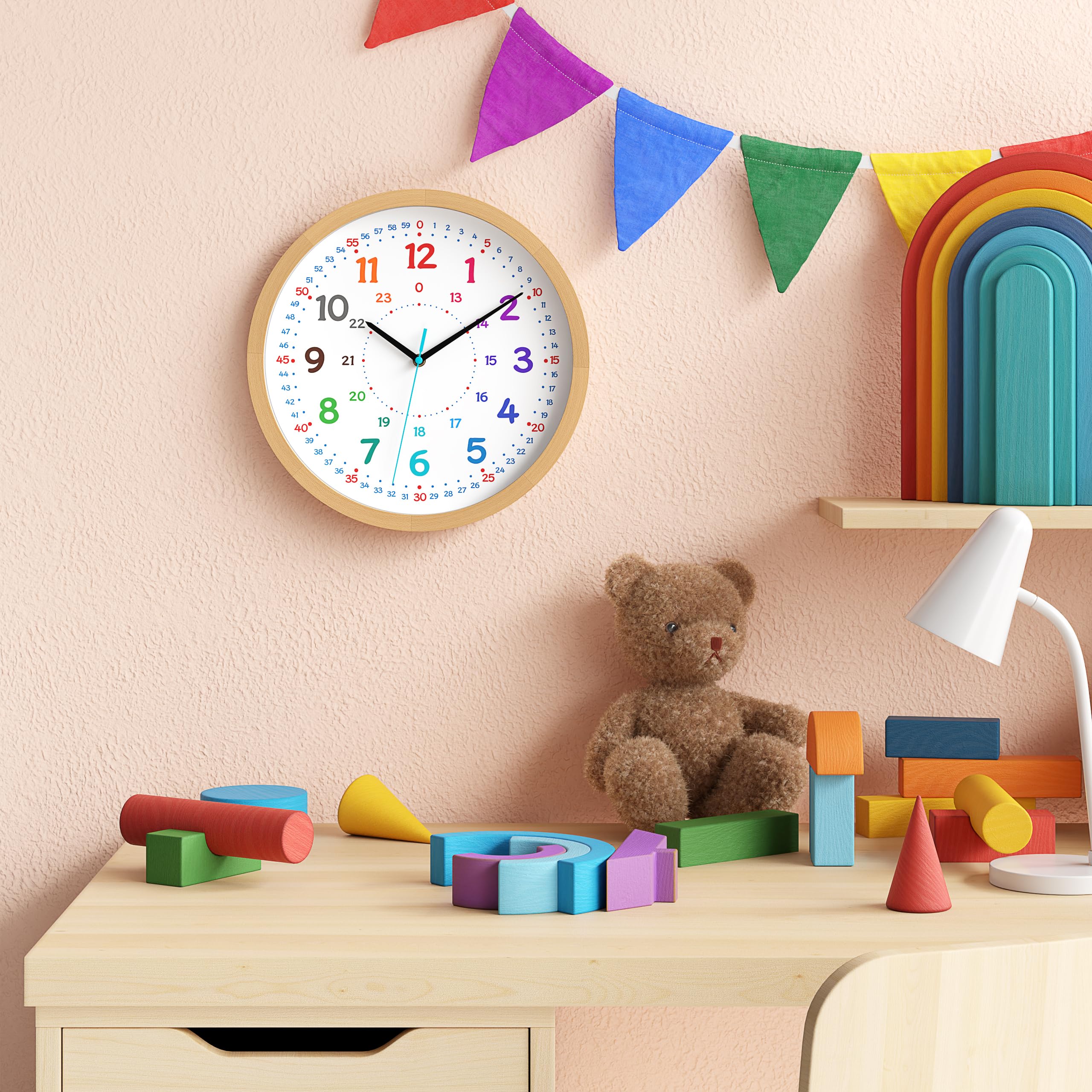 Cander Berlin MNU 11230 Children's Wall Clock Silent 11.8 inch Solid Wood Beech Analog Learning Clock Boys Girls Nursery Without Ticking Noises 30.5 cm