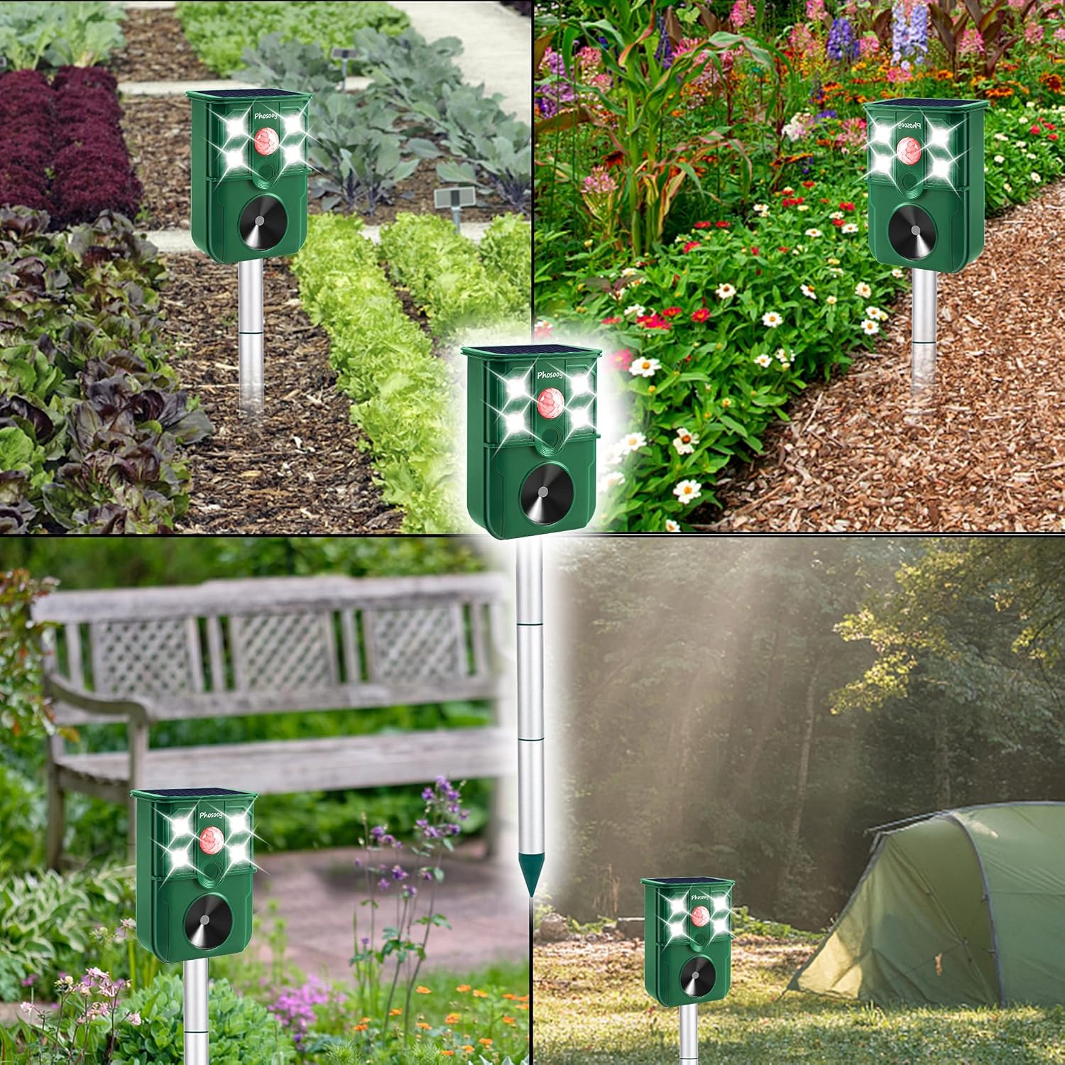 Phosooy Ultrasonic Animal Repeller, IP44 Waterproof Solar Powered Rodent Repeller with PIR Motion Activated Flashing LED Light, Repel Dogs, Cat, Squirrels, Raccoon, Rabbit, Skunks, Wild Boars Outdoor : Patio, Lawn & Garden