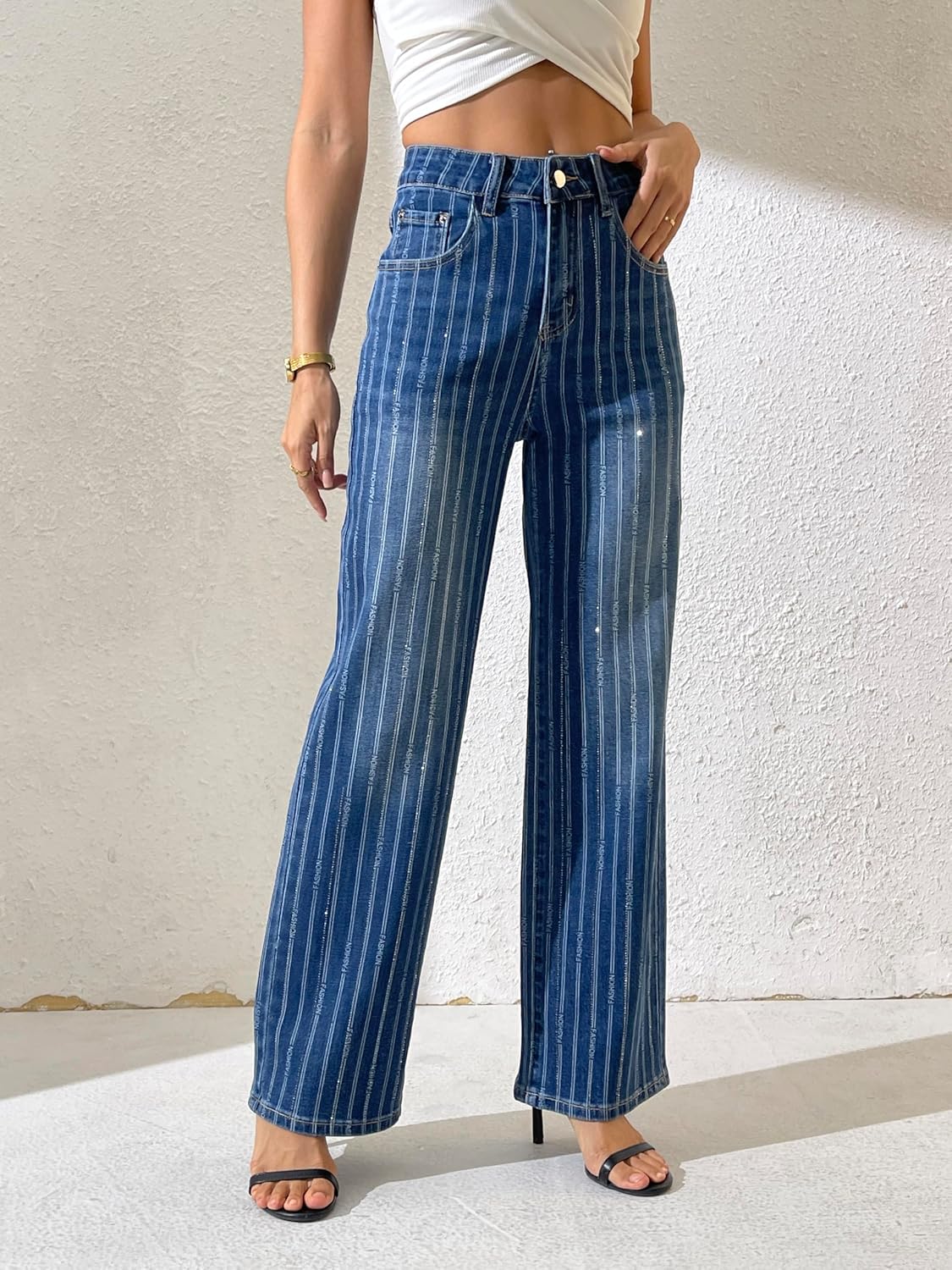 heipeiwa Women's Stripes Rhinestone Jeans High Waist Wide Leg Denim Pants Sparkle Shiny Sequin Trouser - Image 3