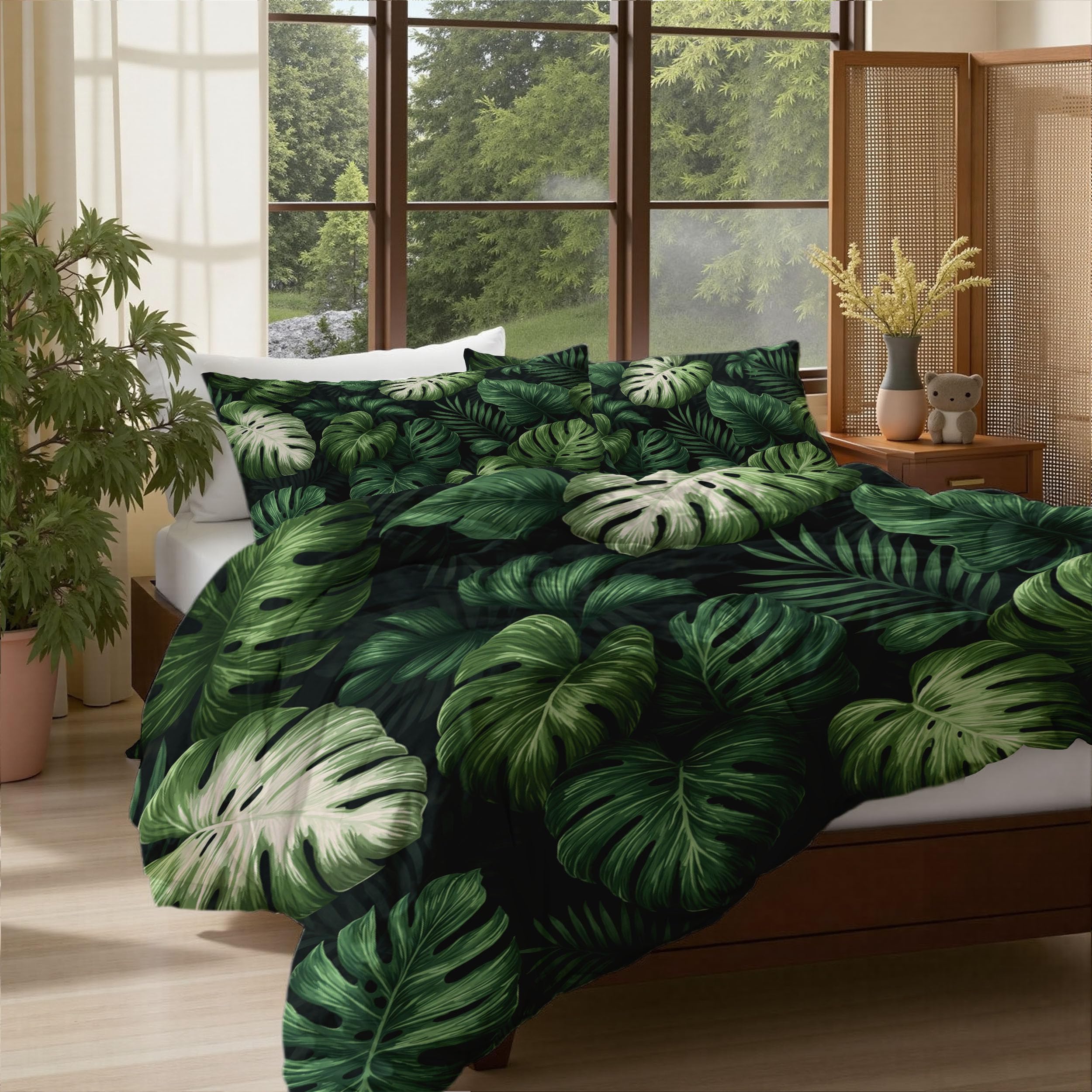 Housse de couette Monstera 200x200cm avec ses deux taies d'oreiller
