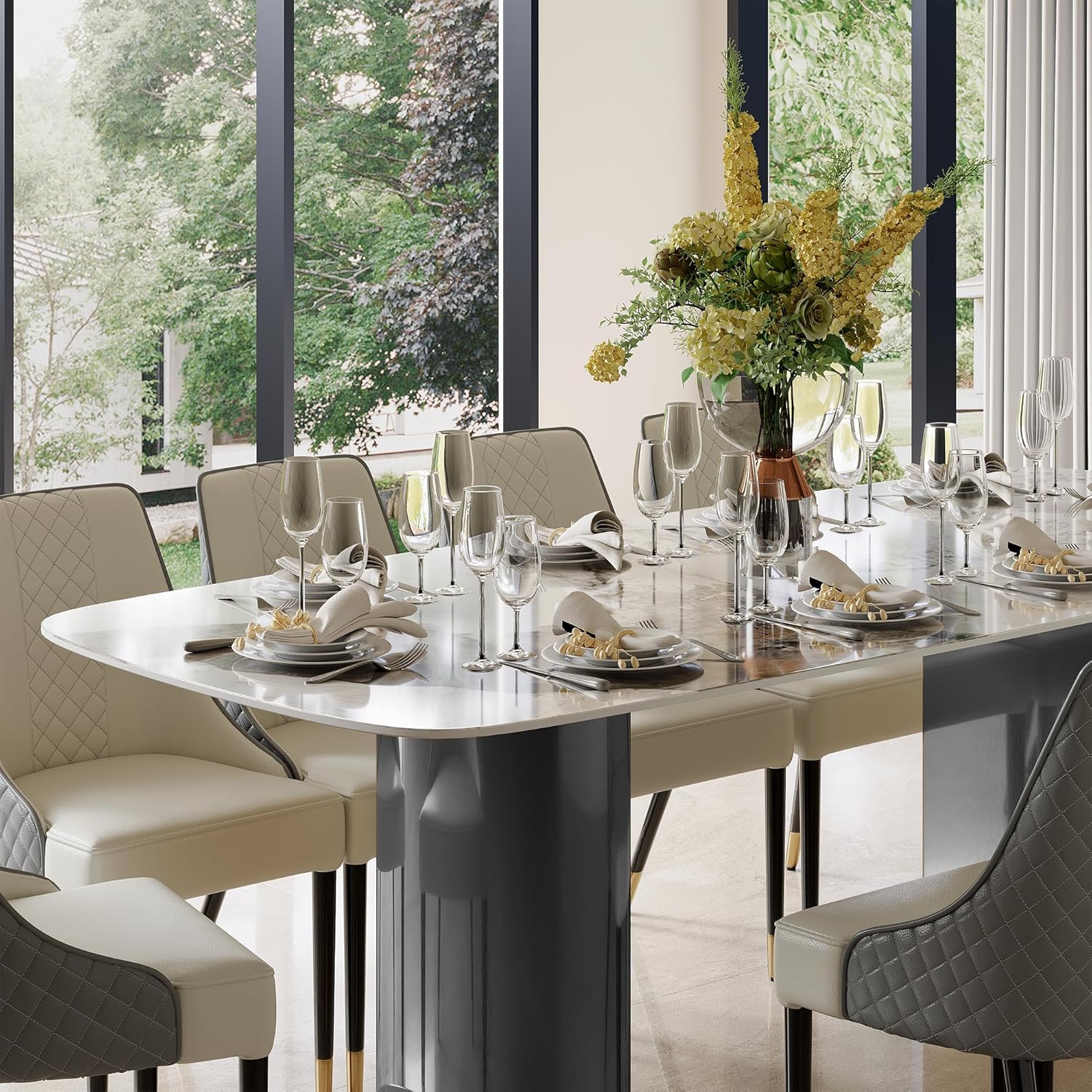Rectangular Dining Table for 10 People, 79in Luxury Modern Kitchen Table with Faux Marble Tabletop and Grey Metal Base for Living Room 8-10 People
