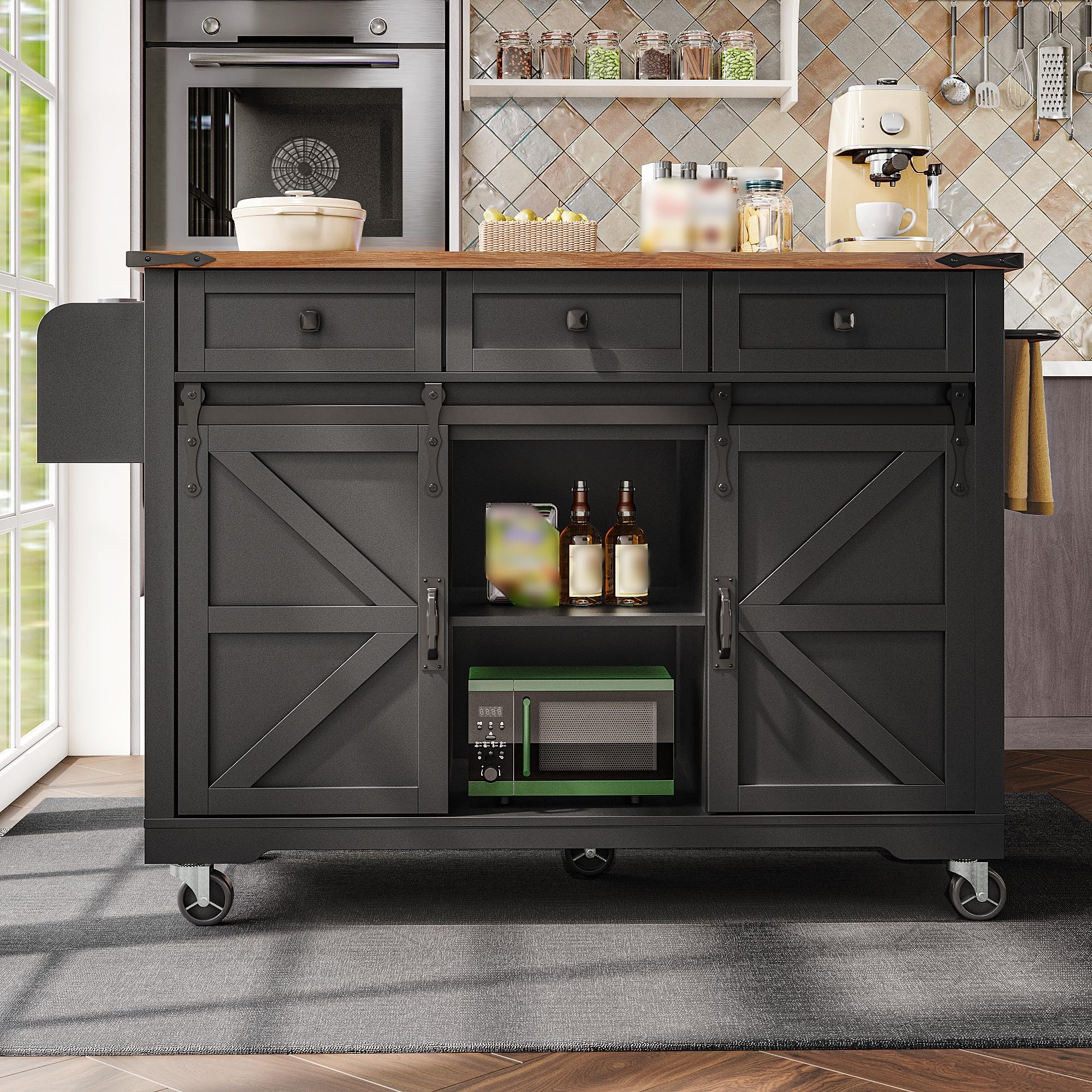 Wyspa kuchenna, 140x45x94cm, wózek do serwowania z wysuwaną deskami roboczą, mobilny wózek kuchenny na kółkach, szafka kuchenna z 2 drzwiczkami przesuwnymi i 3 szufladami (czarny, 140x45x94cm)